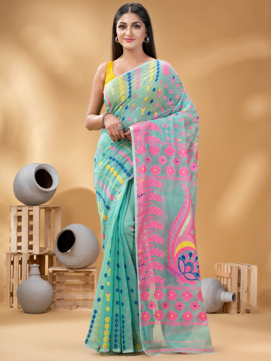 

DESH BIDESH Ethnic Motifs Woven Design Pure Cotton Jamdani Saree, Turquoise blue