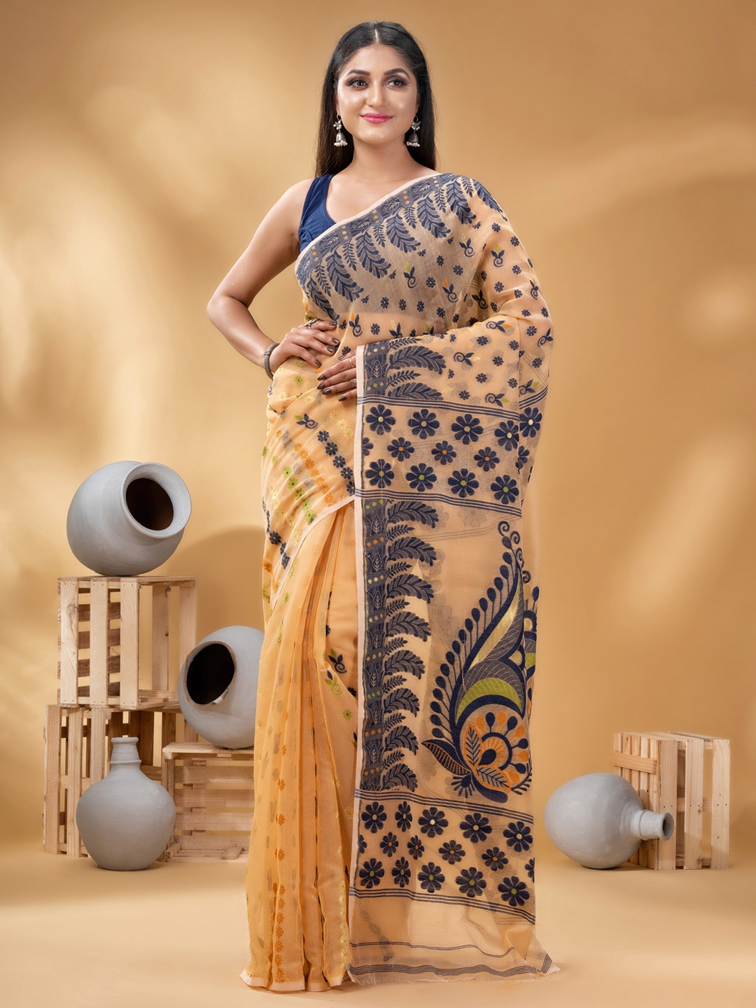 

DESH BIDESH Ethnic Motifs Woven Design Zari Pure Cotton Jamdani Saree, Orange