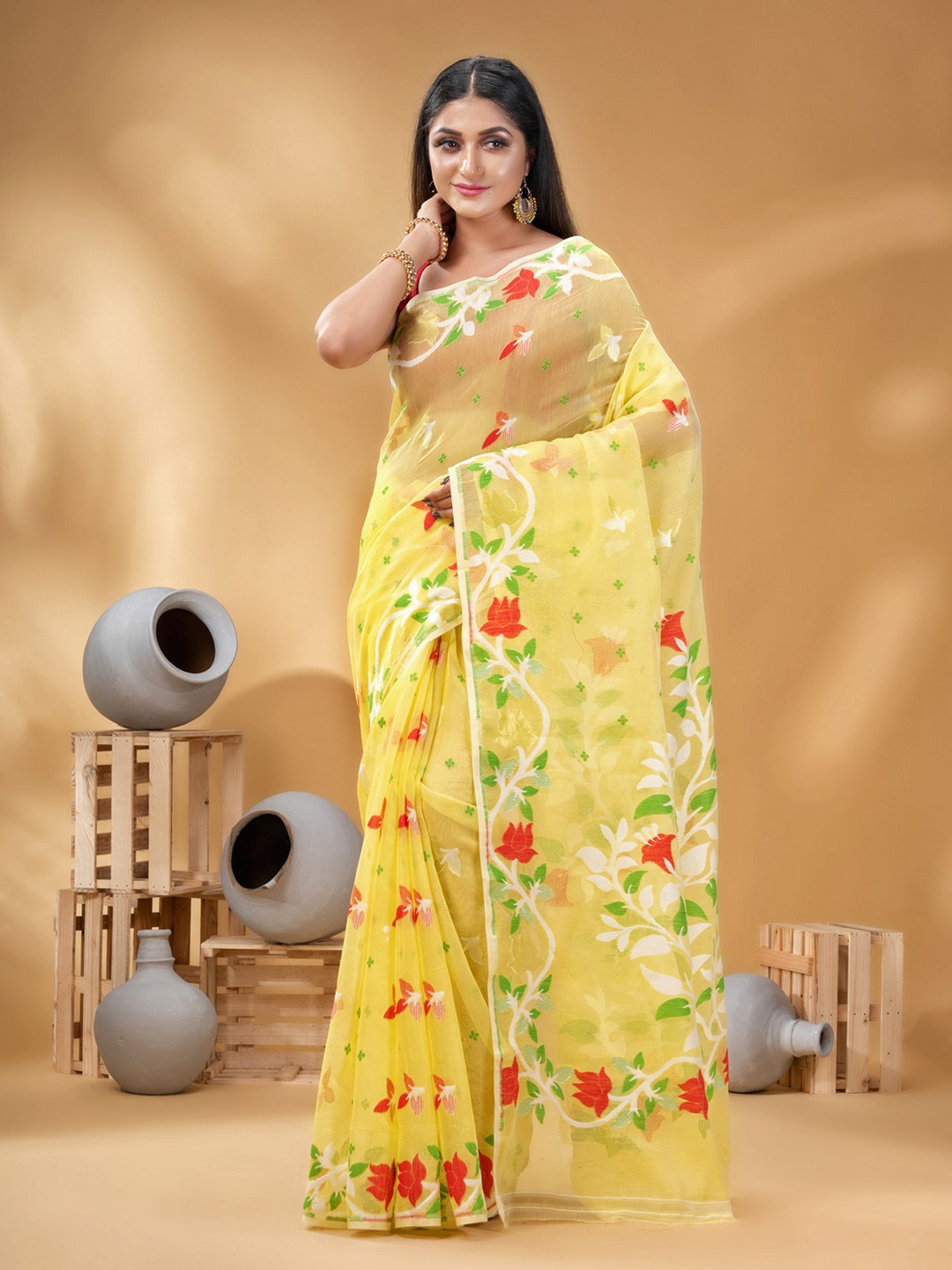 

DESH BIDESH Floral Woven Design Pure Cotton Jamdani Saree, Yellow