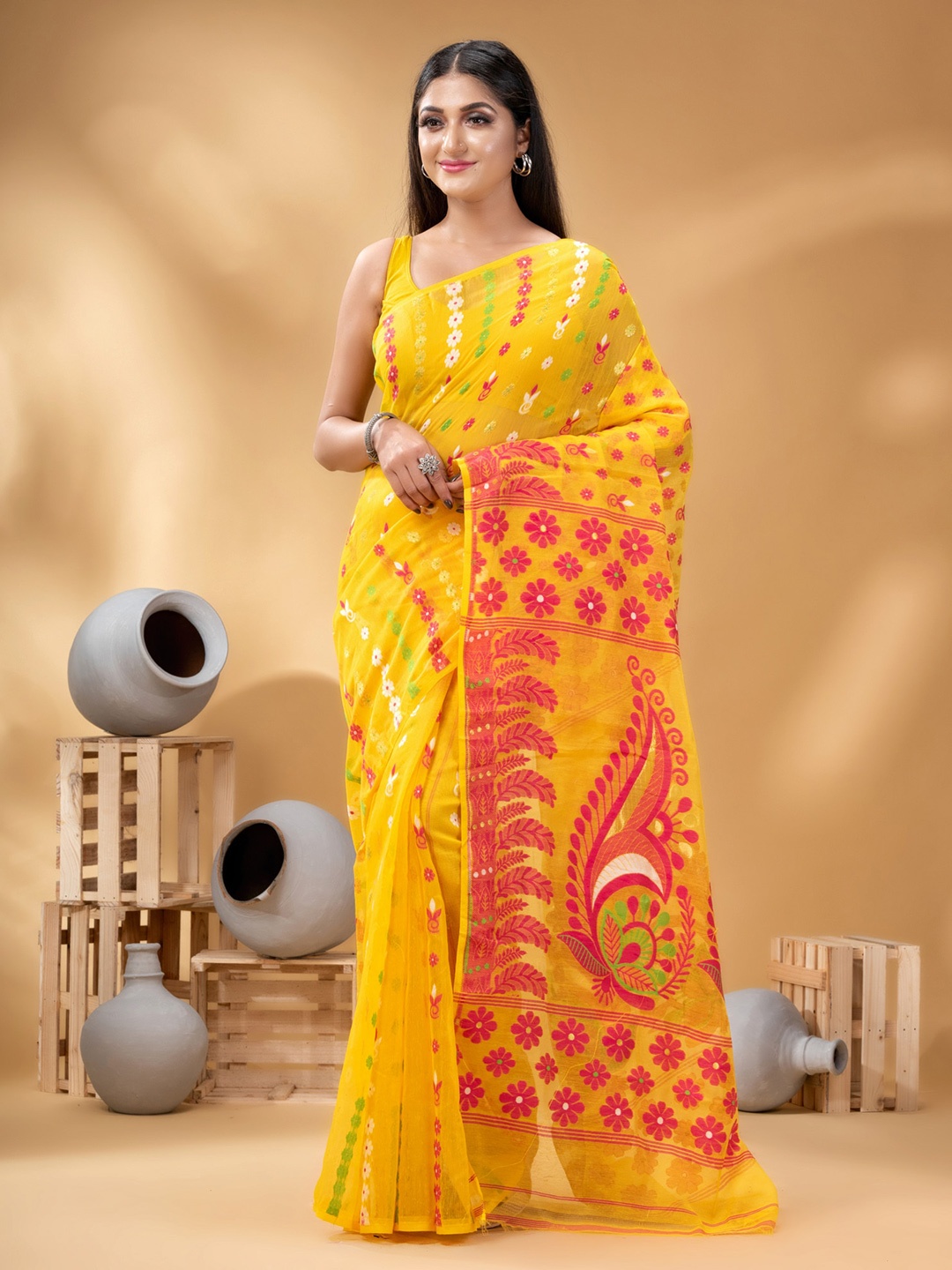 

DESH BIDESH Ethnic Motifs Woven Design Pure Cotton Jamdani Saree, Yellow