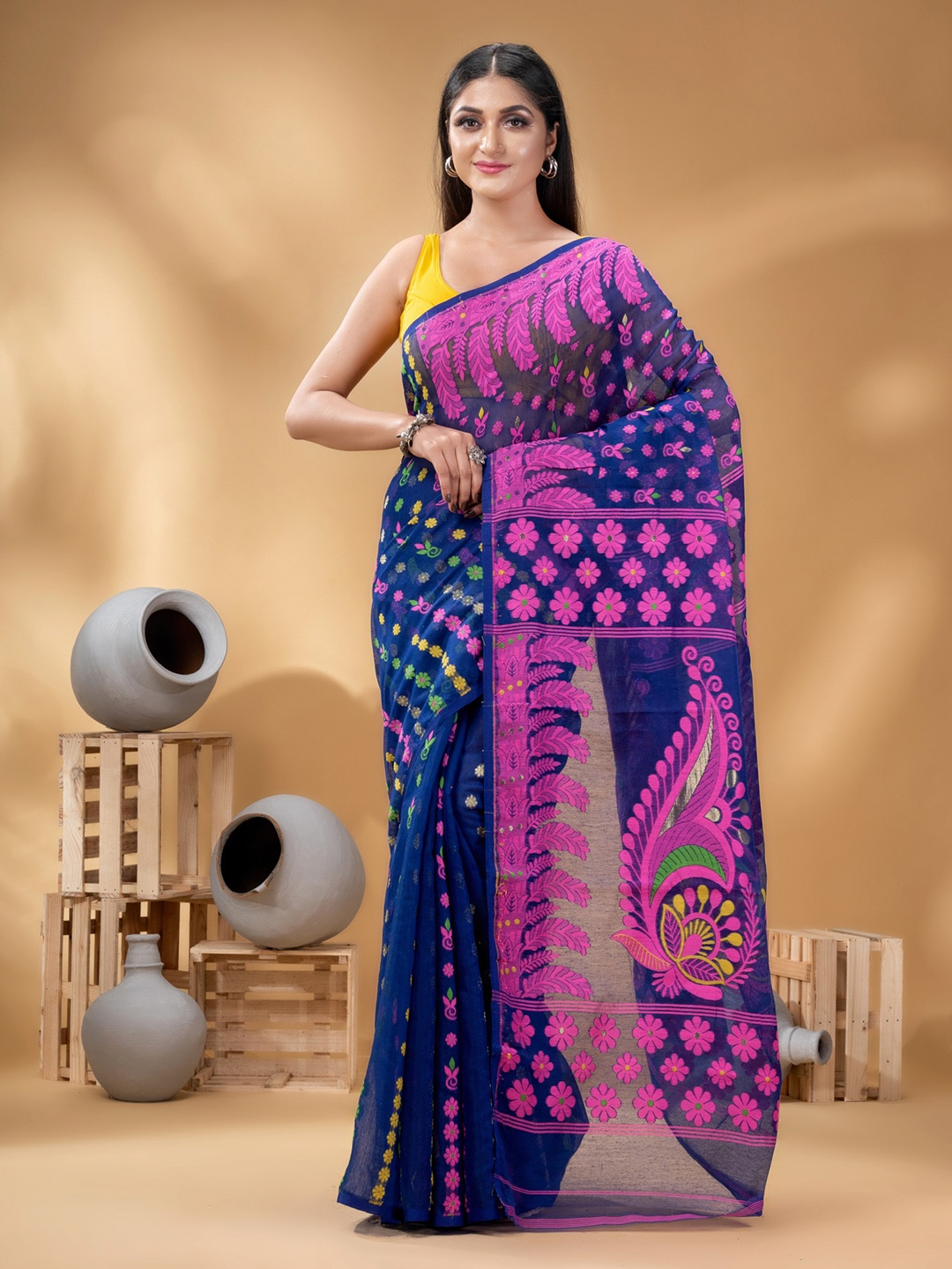 

DESH BIDESH Ethnic Motifs Woven Design Pure Cotton Jamdani Saree, Blue