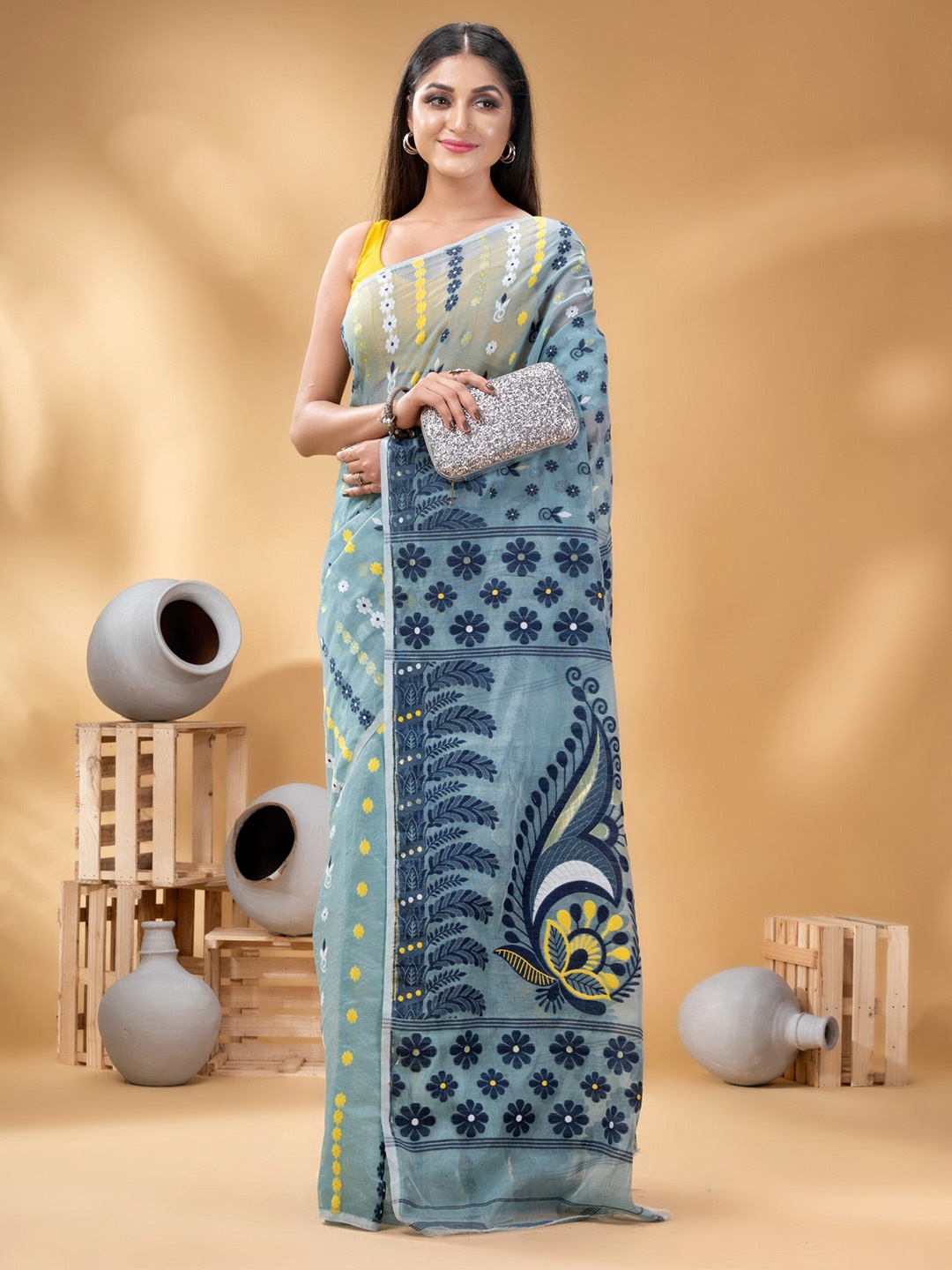 

DESH BIDESH Woven Design Pure Cotton Jamdani Saree, Turquoise blue