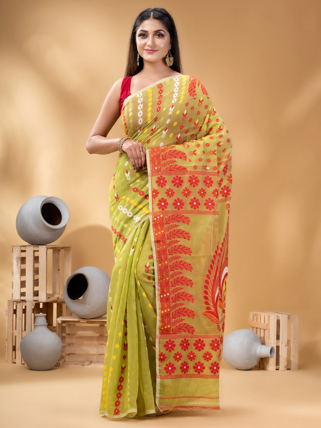 

DESH BIDESH Woven Design Pure Cotton Jamdani Saree, Green