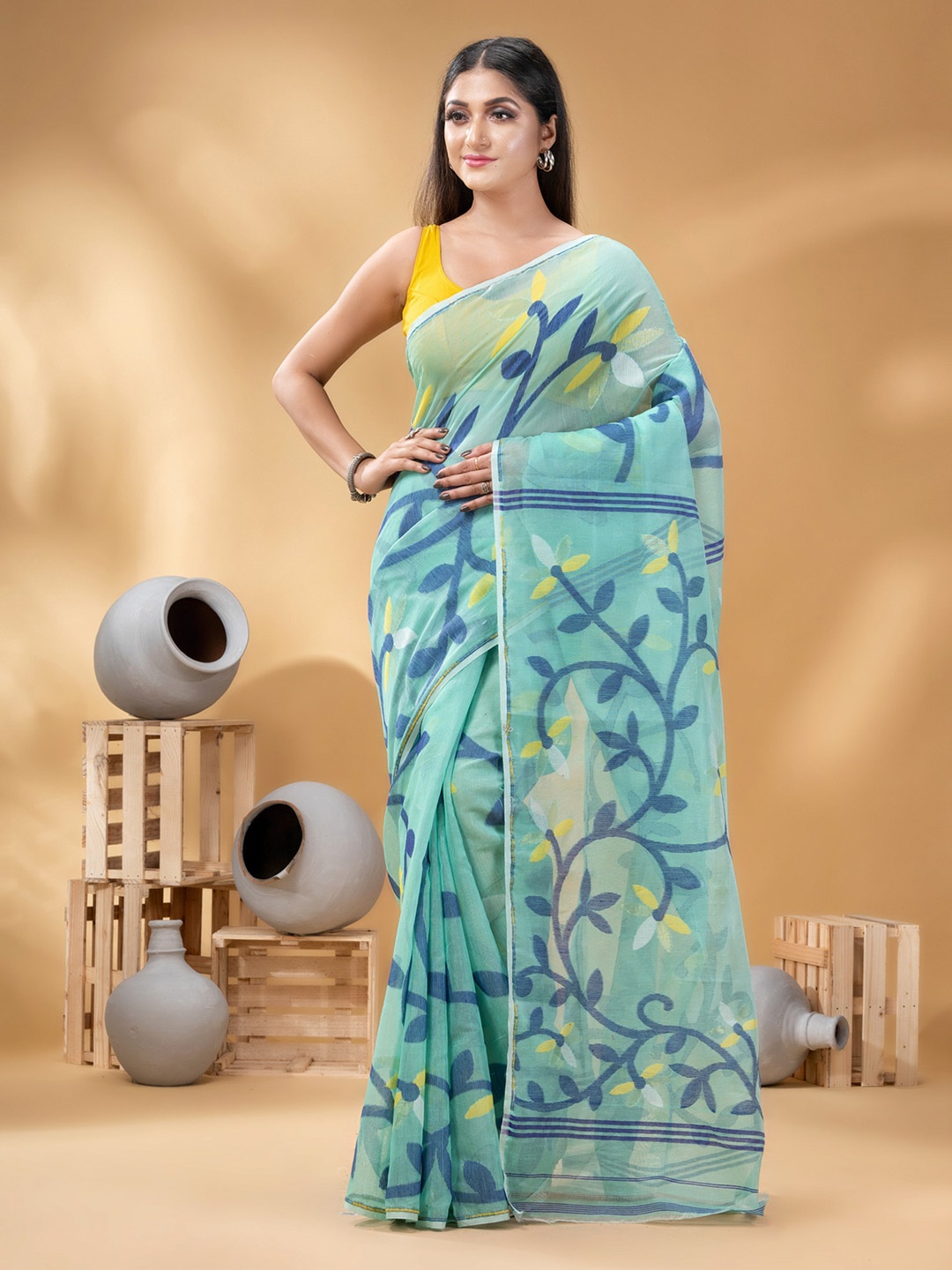 

DESH BIDESH Woven Design Jamdani Saree, Turquoise blue