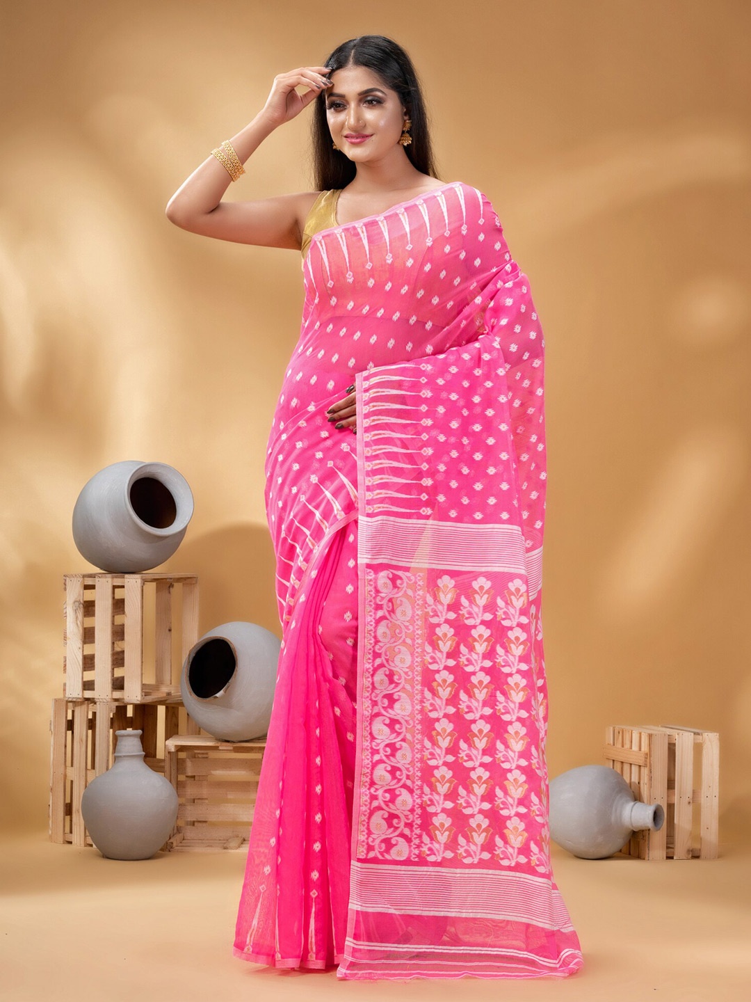 

DESH BIDESH Ethnic Motifs Woven Design Pure Cotton Jamdani Saree, Pink