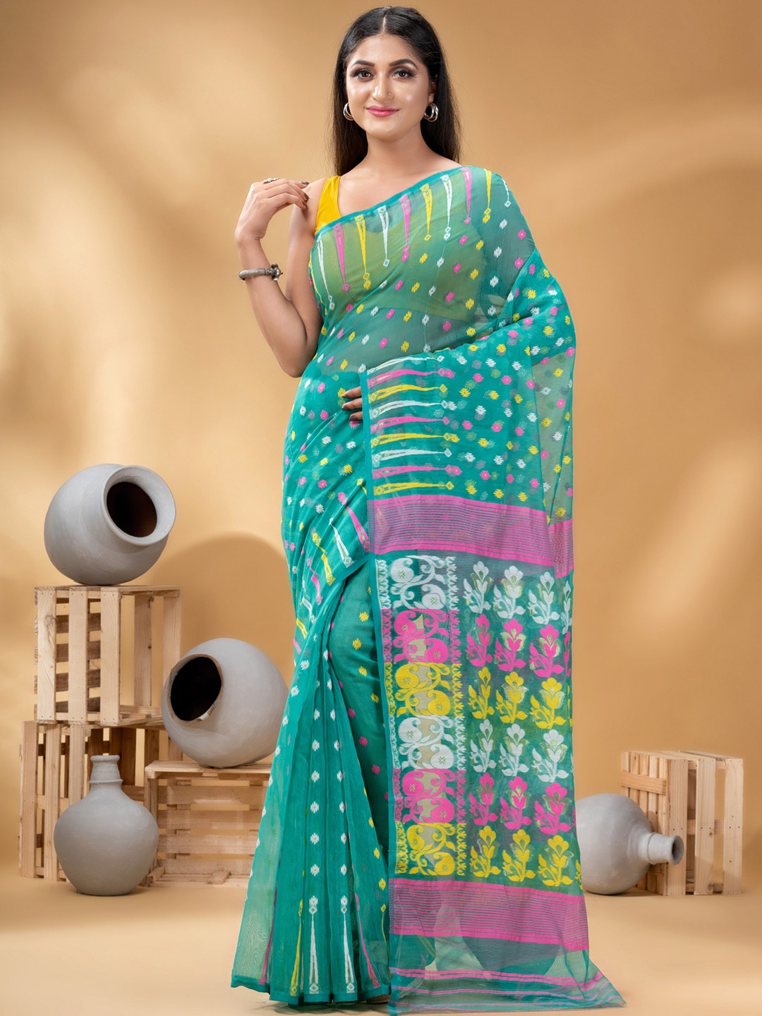 

DESH BIDESH Woven Design Pure Cotton Jamdani Saree, Turquoise blue