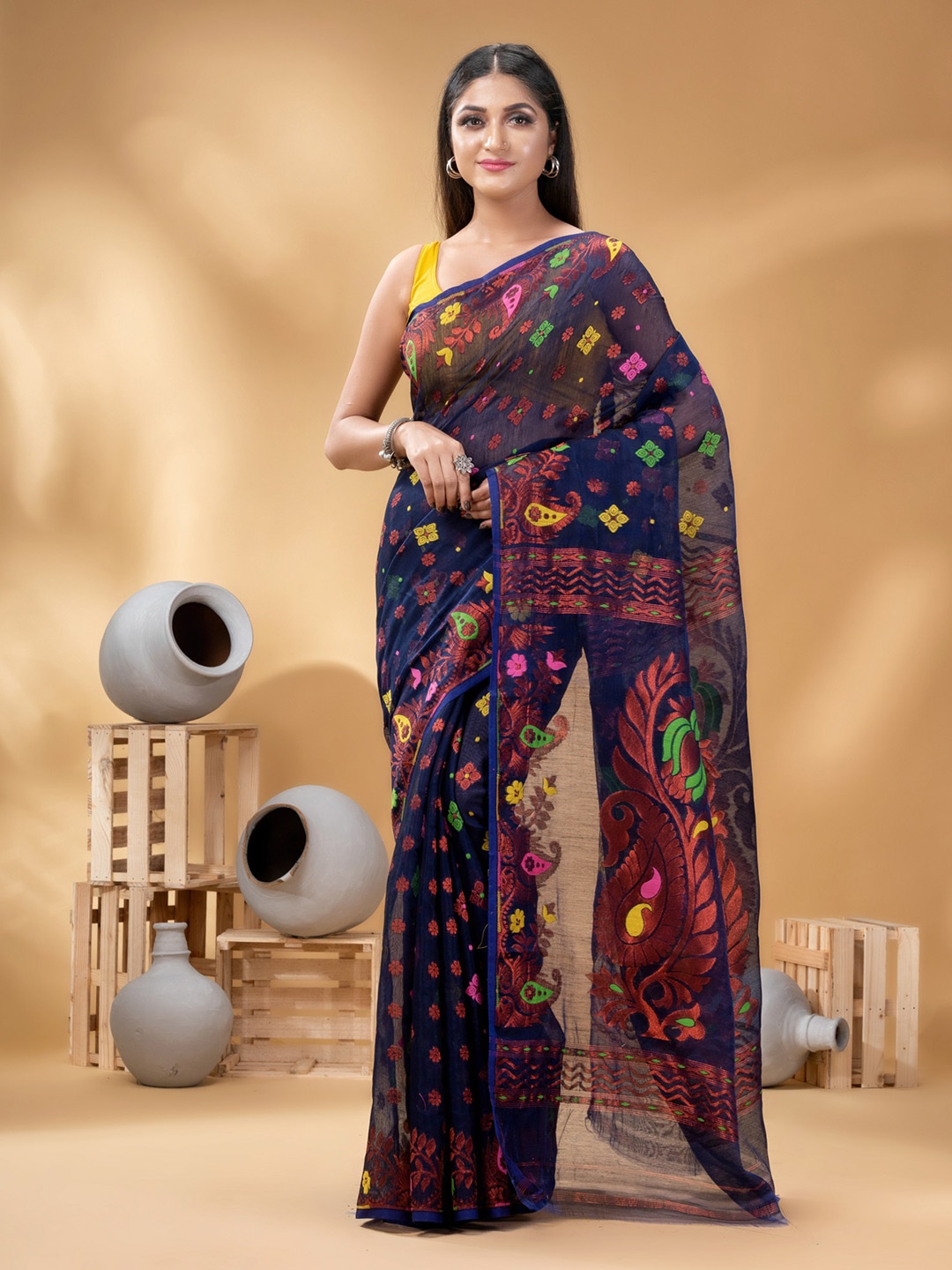 

DESH BIDESH Ethnic Motifs Woven Design Zari Pure Cotton Jamdani Saree, Blue