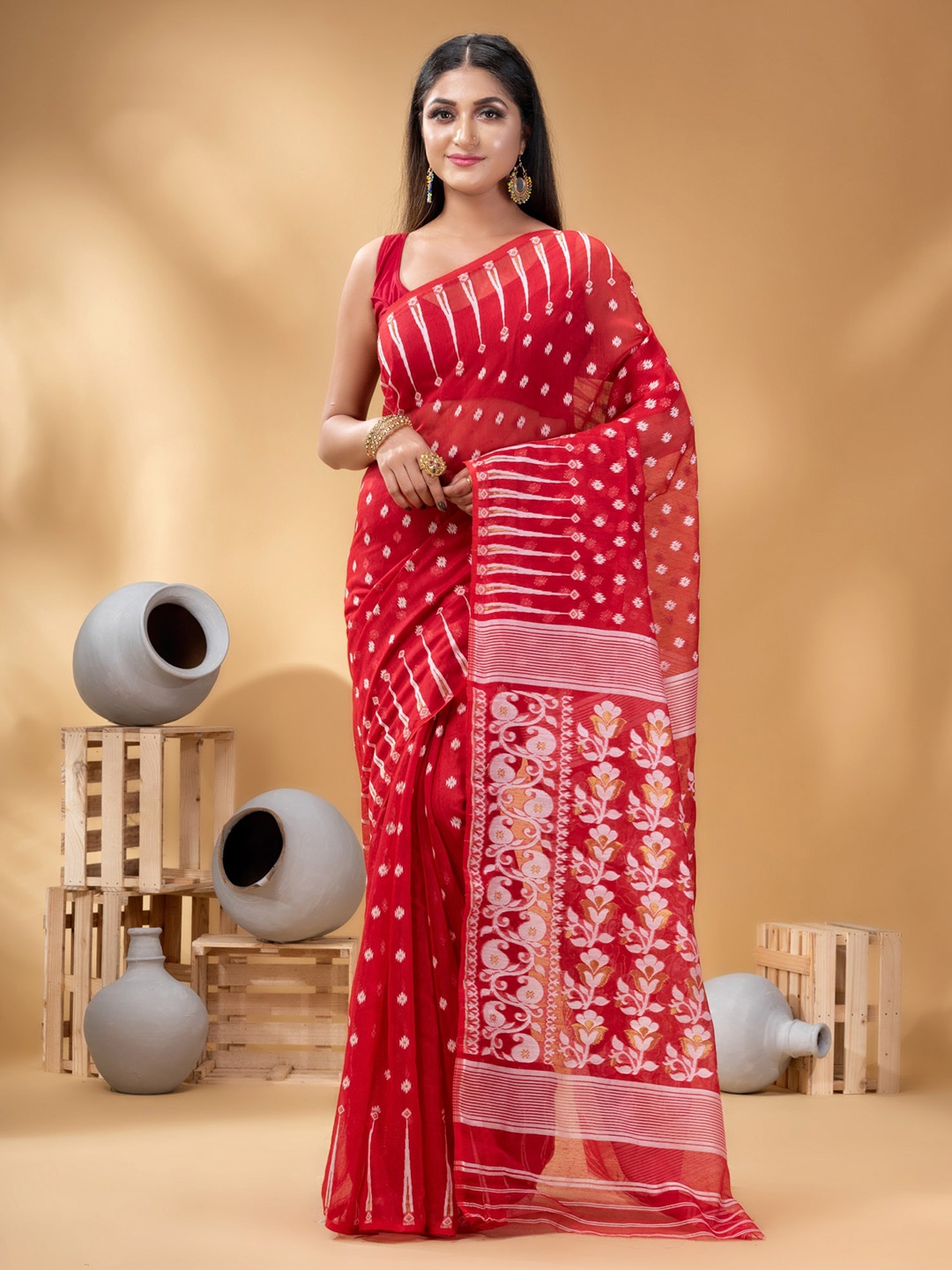 

DESH BIDESH Ethnic Motifs Woven Design Pure Cotton Jamdani Saree, Red