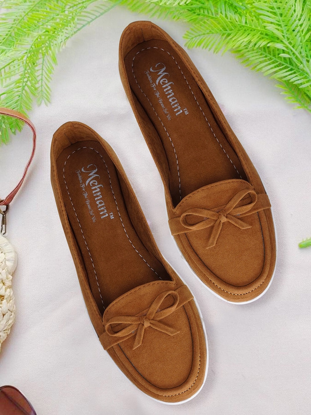 

MEHNAM Women Comfort Insole Loafers With Bows, Tan