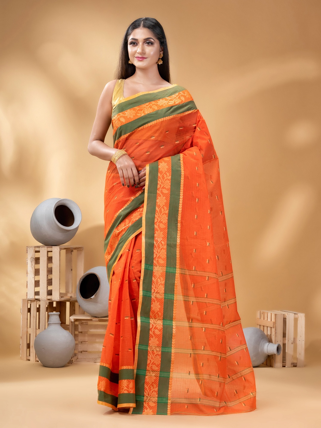 

DESH BIDESH Ethnic Motifs Woven Design Zari Pure Cotton Taant Saree, Orange