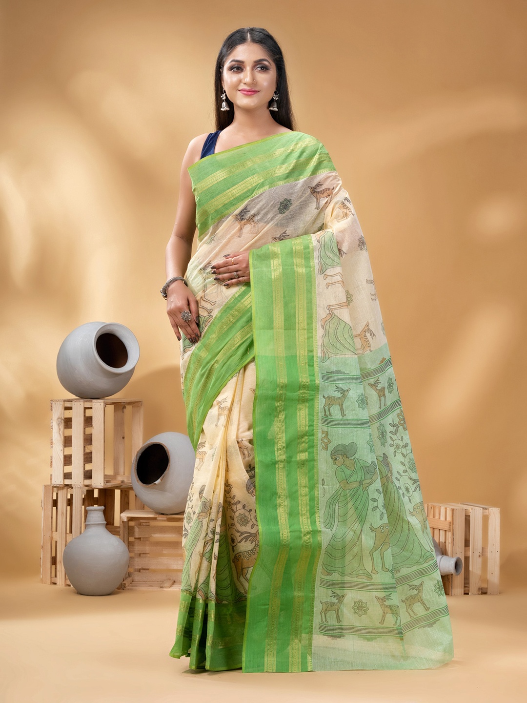 

DESH BIDESH Ethnic Motifs Zari Pure Cotton Taant Saree, Green