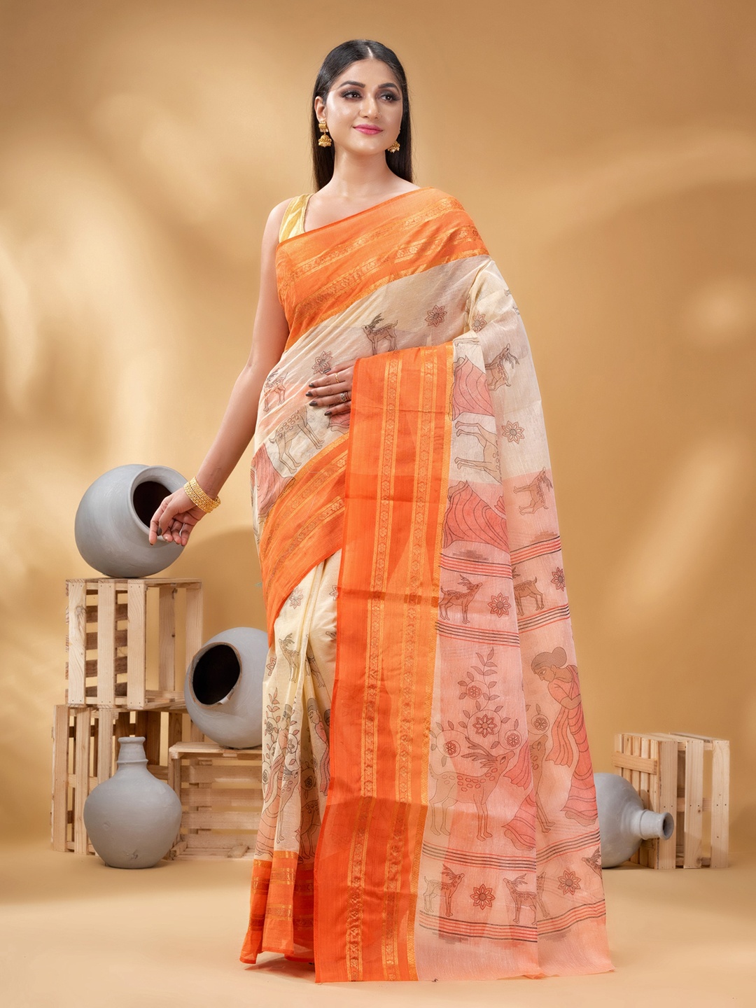 

DESH BIDESH Ethnic Motifs Woven Design Zari Pure Cotton Taant Saree, Orange