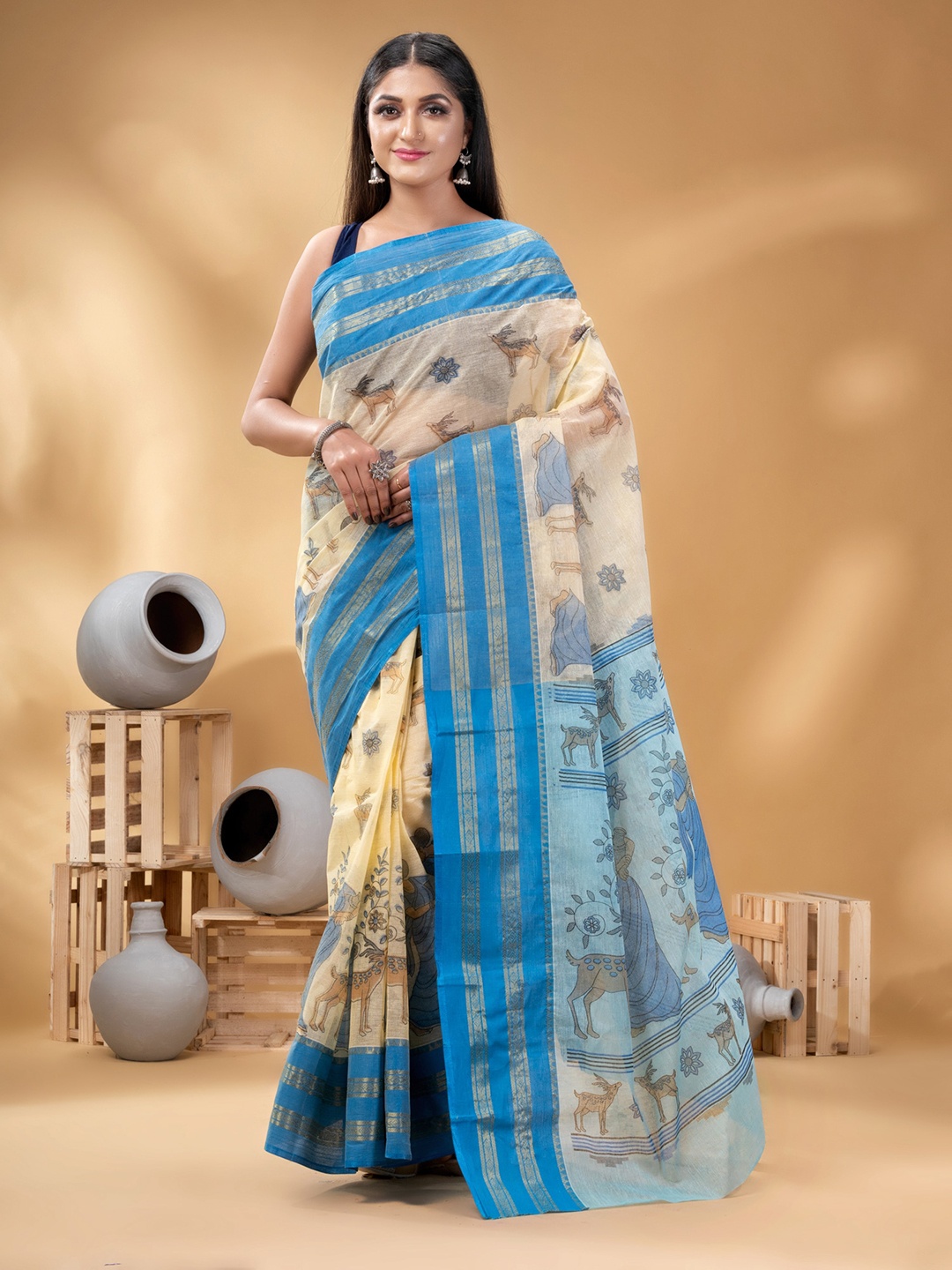 

DESH BIDESH Ethnic Motifs Zari Pure Cotton Taant Saree, Blue