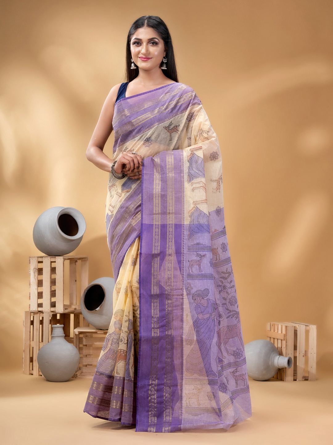 

DESH BIDESH Ethnic Motifs Woven Design Zari Pure Cotton Taant Saree, Purple