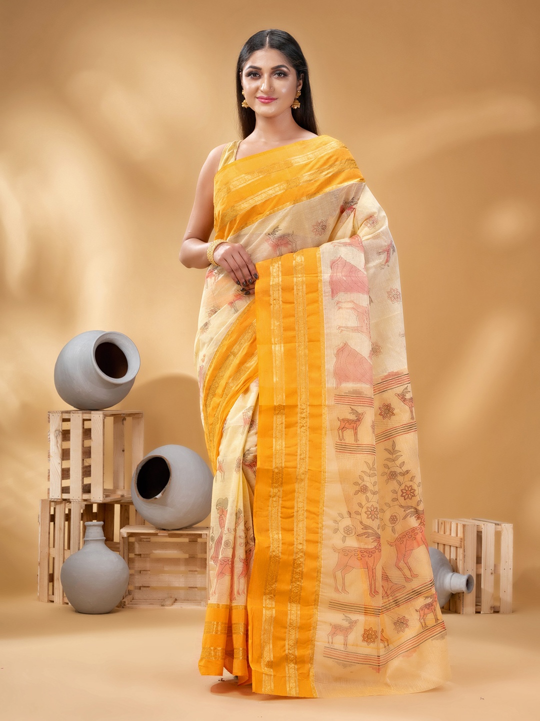 

DESH BIDESH Ethnic Motifs Printed Zari Pure Cotton Taant Saree, Yellow