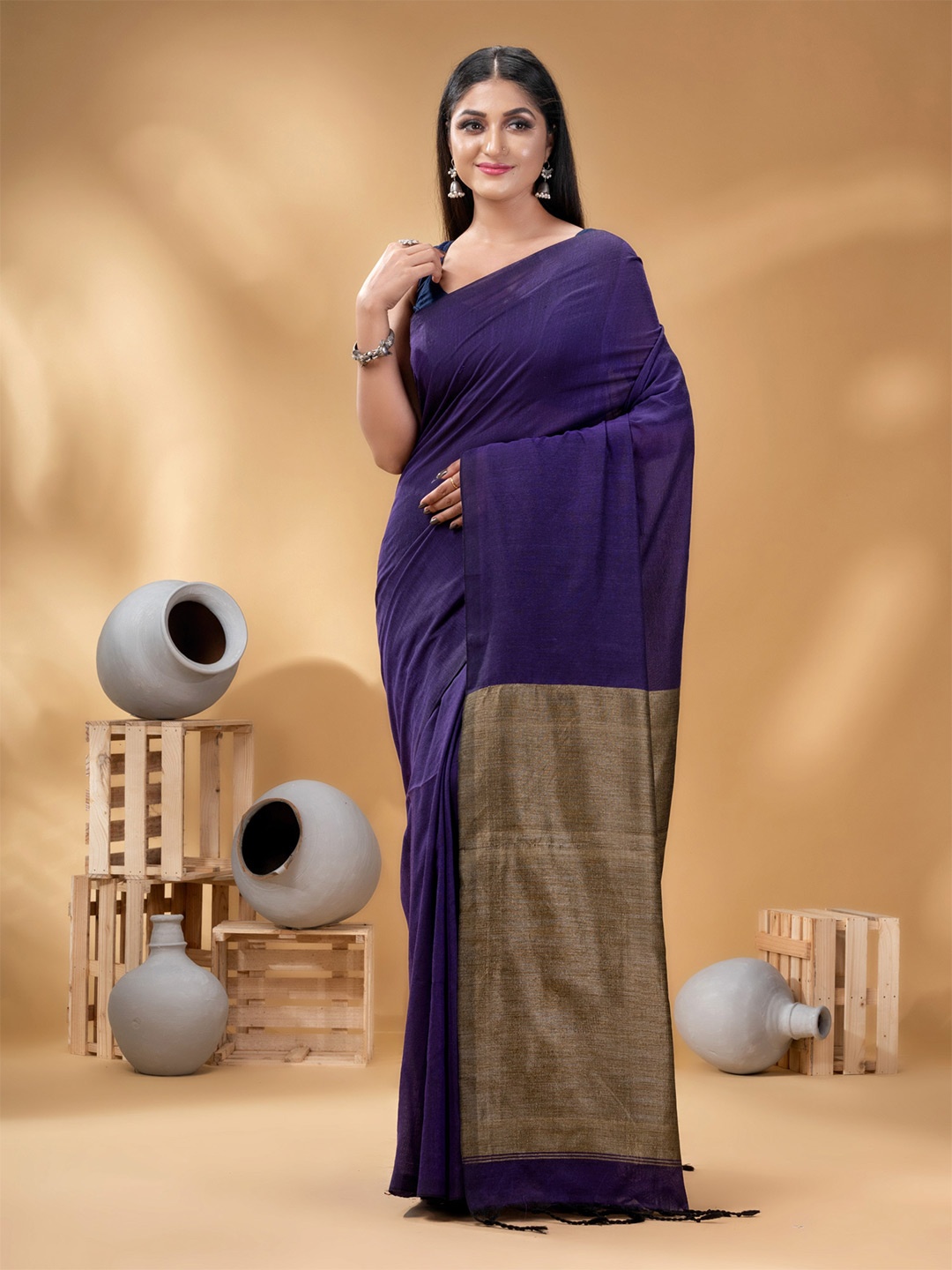 

DESH BIDESH Woven Solid Zari Khadi Cotton Saree, Purple