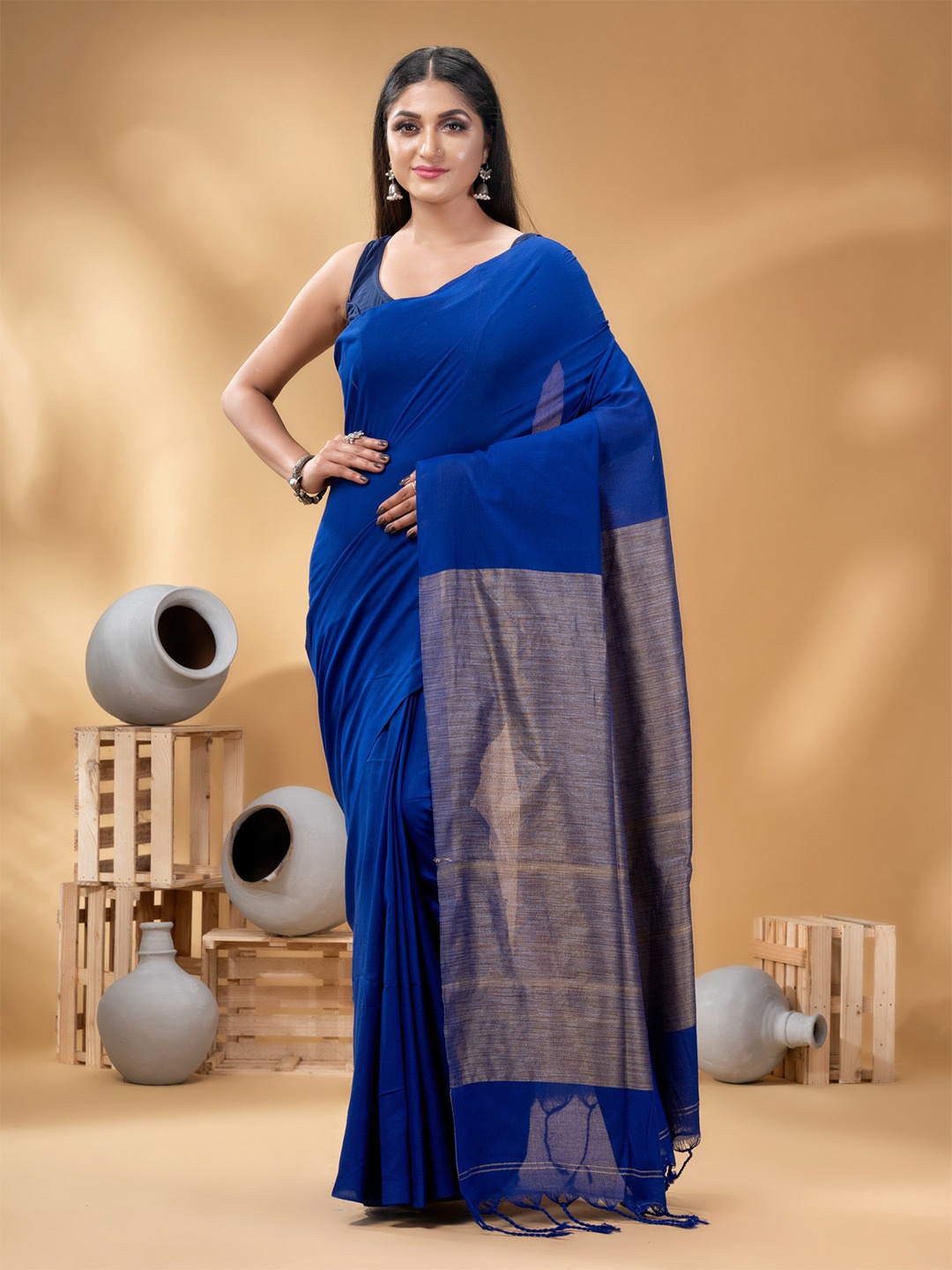 

DESH BIDESH Woven Solid Zari Khadi Cotton Saree, Blue