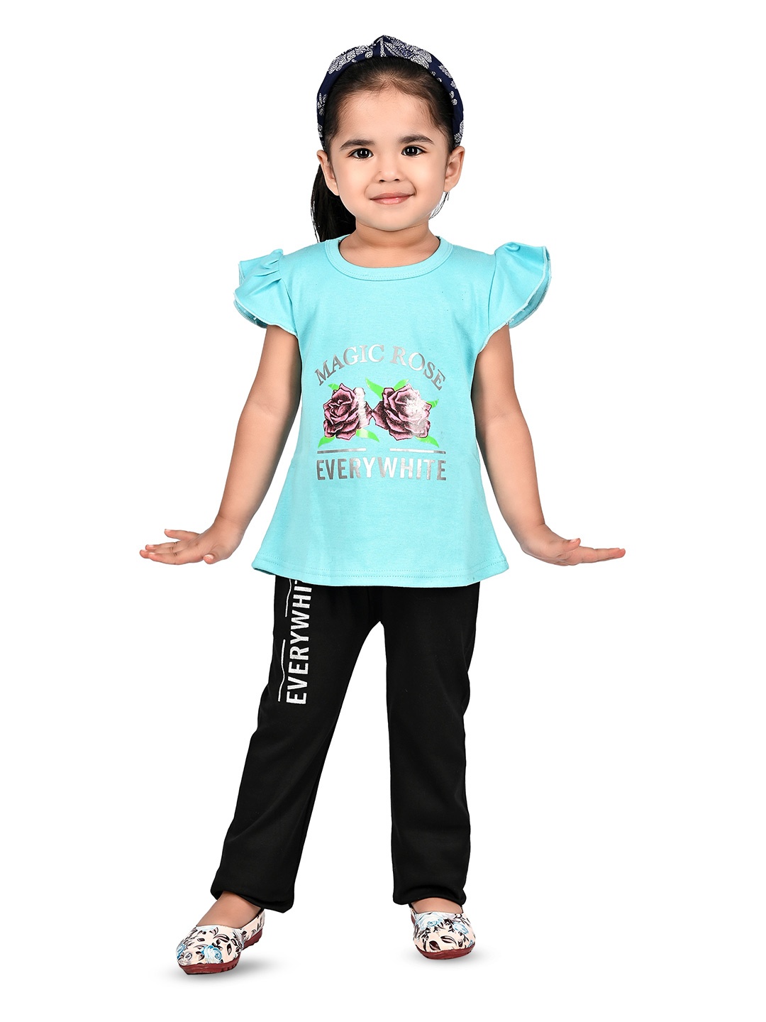 

BAESD Girls Graphic Printed Cotton Top with Trousers, Turquoise blue