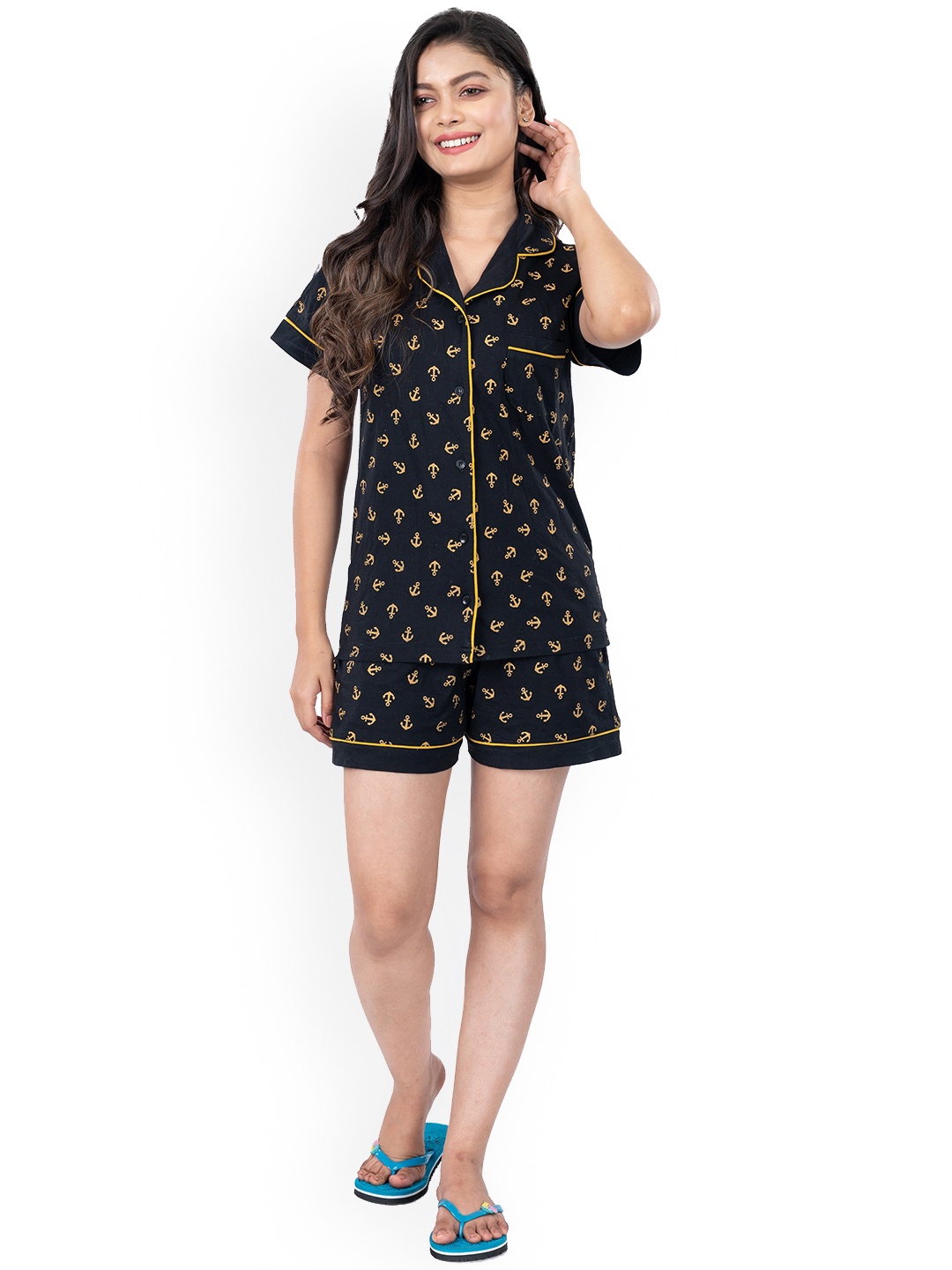 

StyleAOne Printed Pure Cotton Night suit, Black
