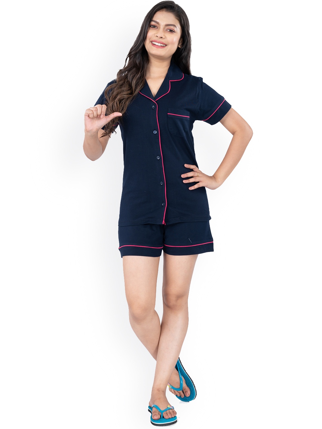 

StyleAOne Lapel Collar Pure Cotton Night suit, Blue