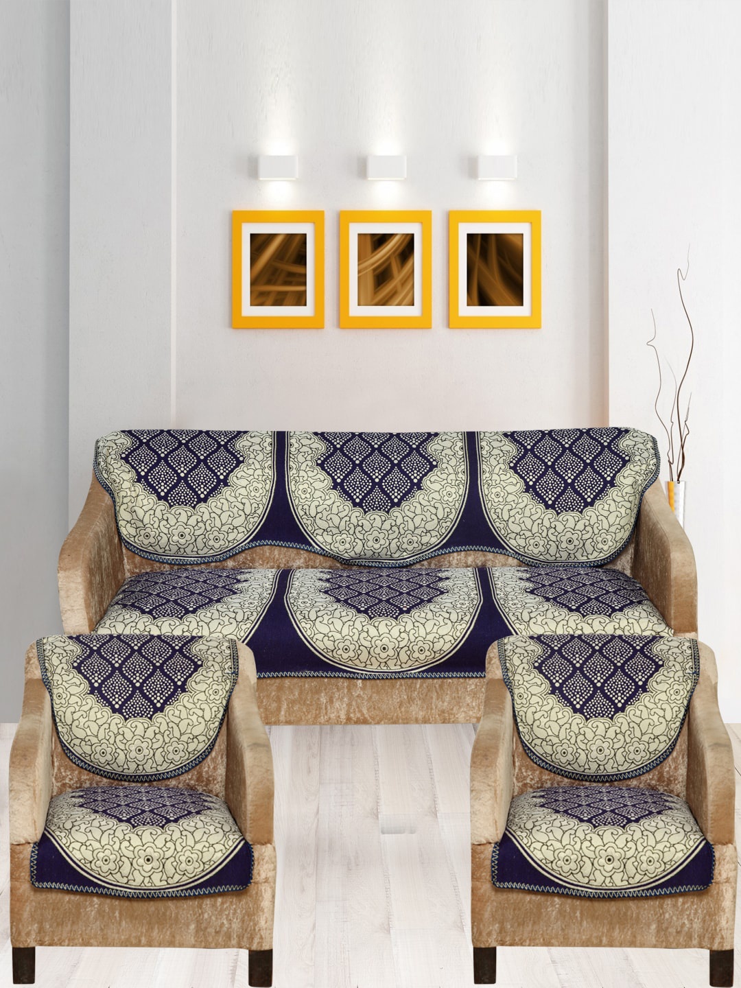 

Nendle Violet & Beige 6 Pieces Printed Cotton 5-Seater Sofa Covers