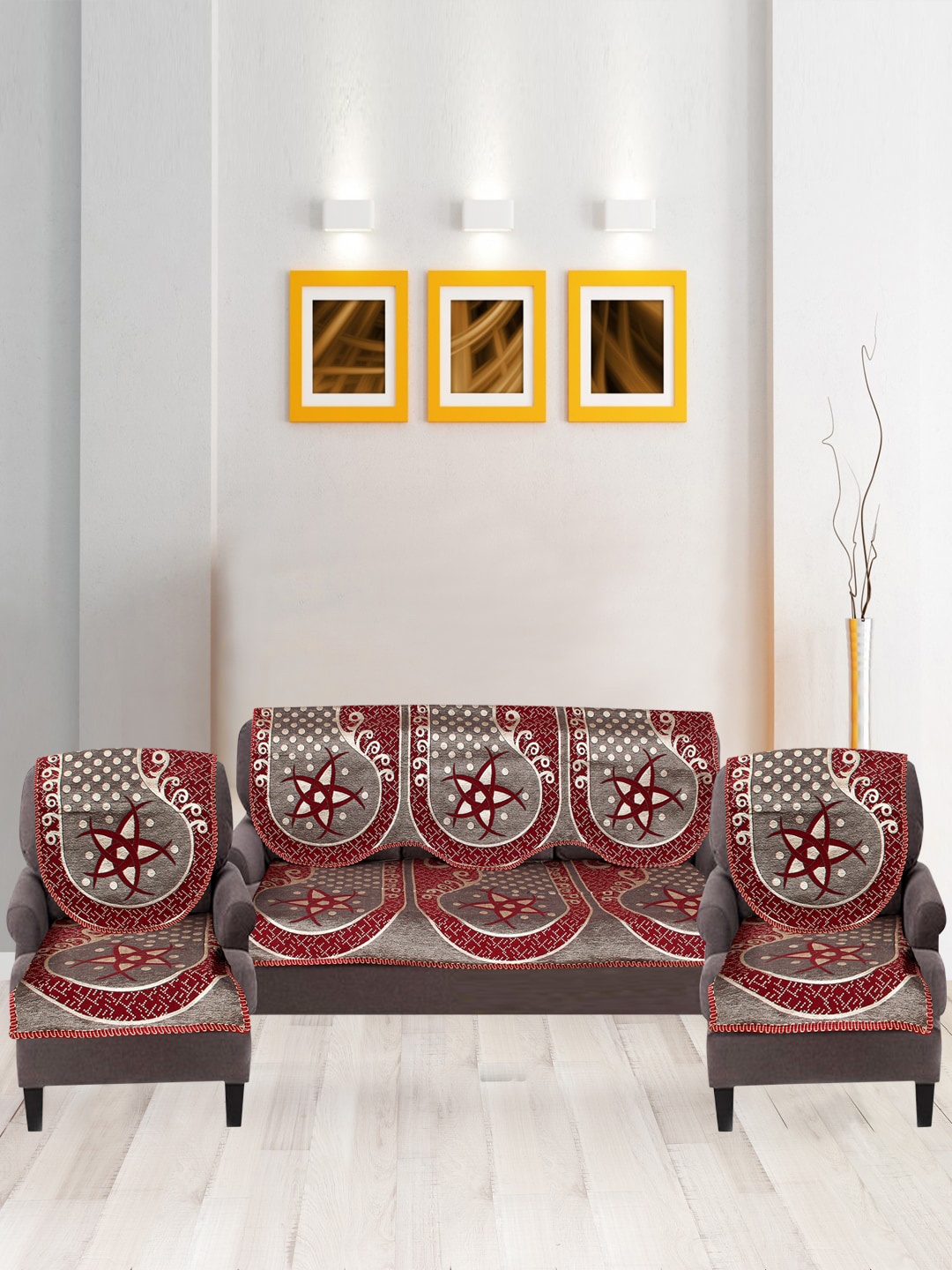 

Nendle Maroon & Grey 6 Pieces Printed 5 Seater Sofa Cover Set