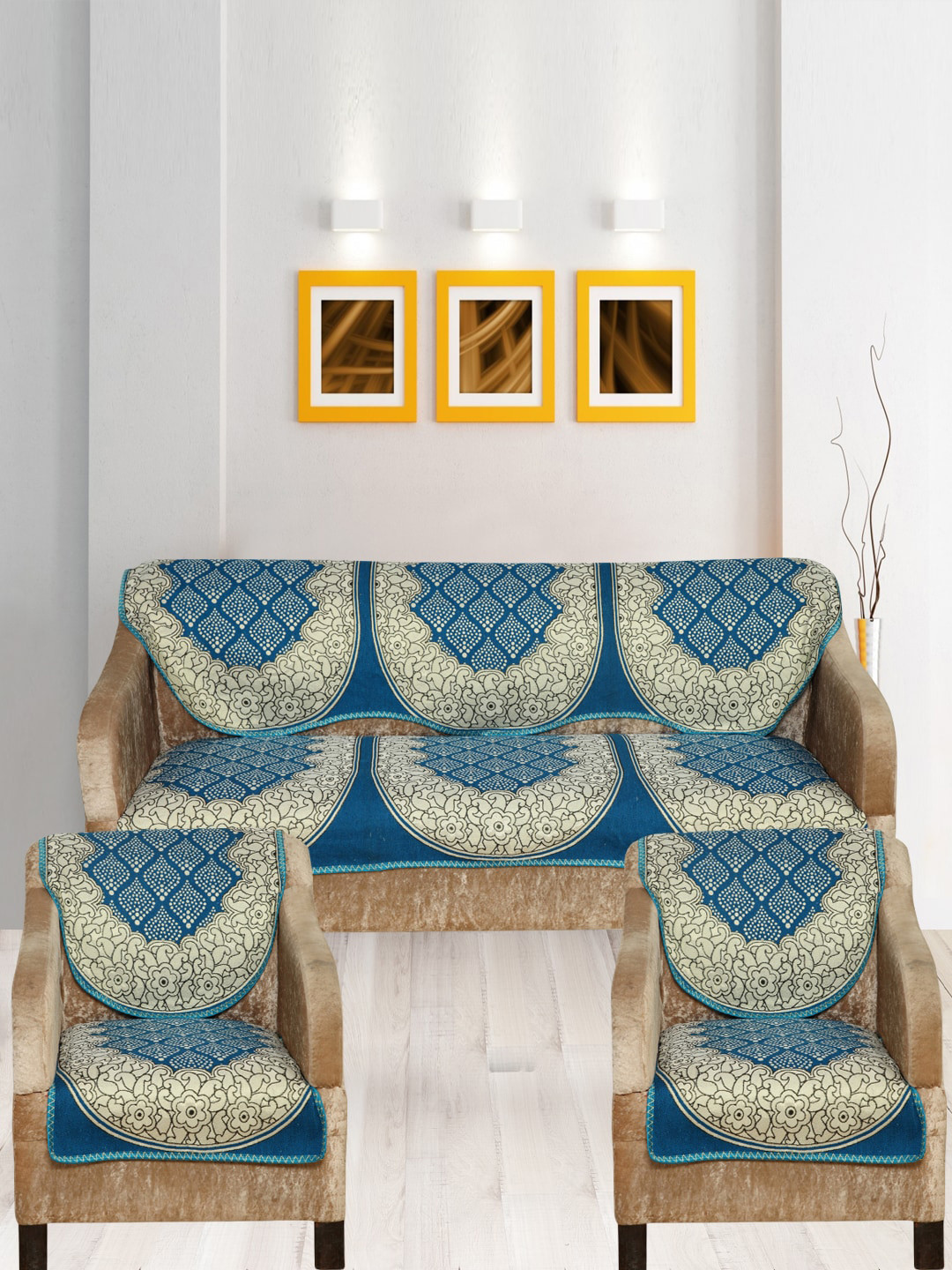 

Nendle Turquoise Blue & Beige 6 Pieces Printed 5 Seater Sofa Cover Set