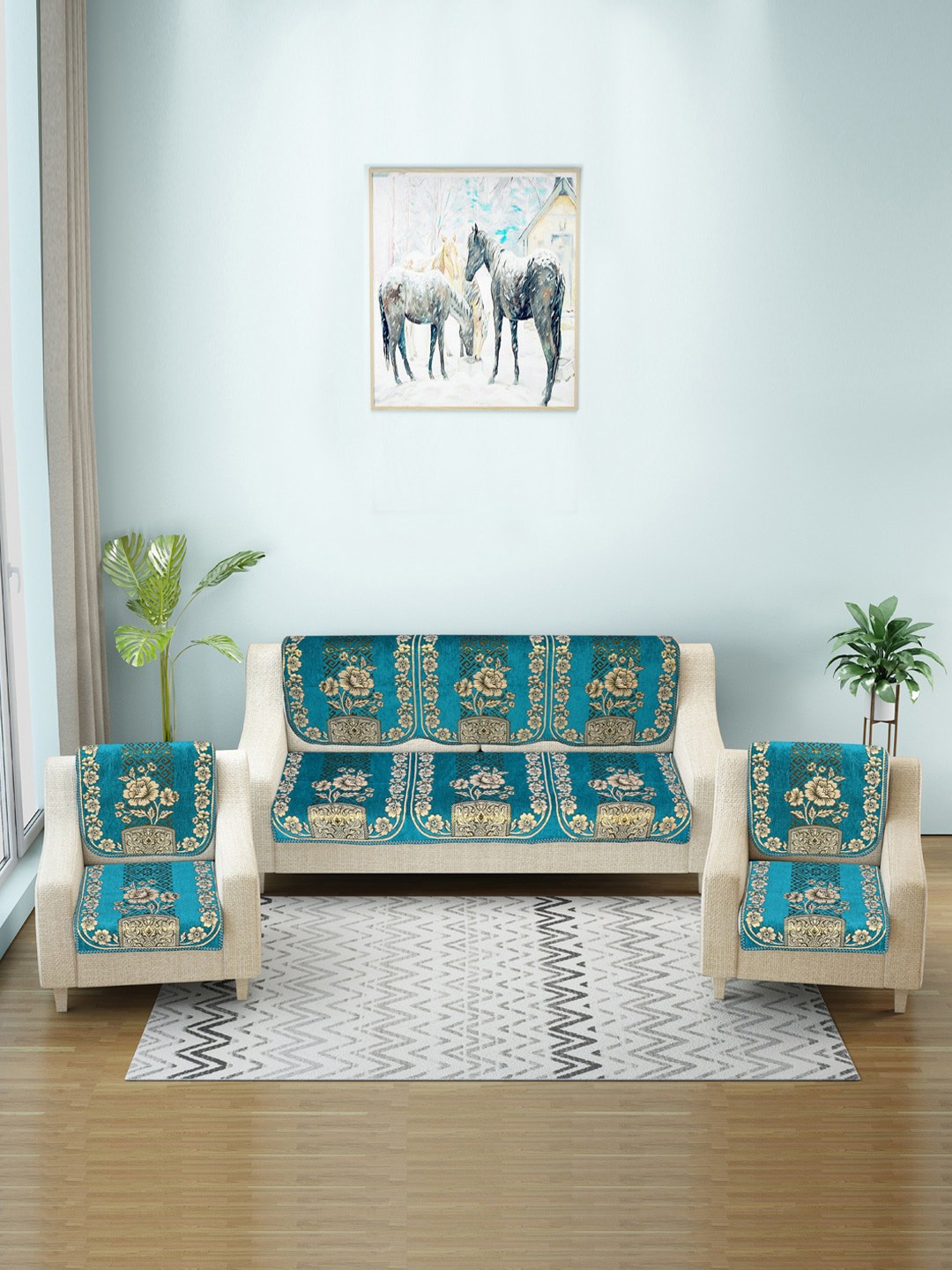

Nendle Blue & White 6 Pieces Floral-Printed Cotton 5-Seater Sofa Covers