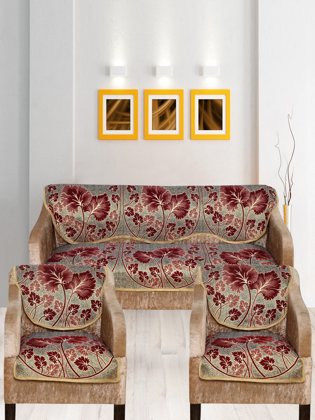 

Nendle Maroon & Beige 6 Pieces Printed Cotton 5-Seater Sofa Covers