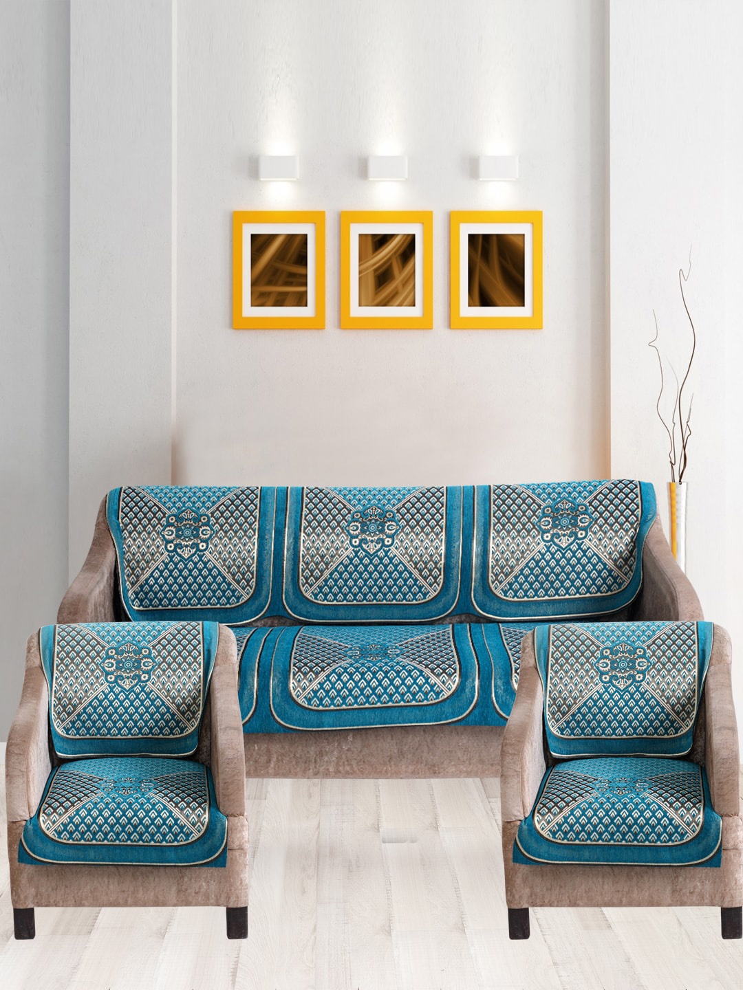 

Nendle Blue & Grey 6 Pieces Printed Velvet 5-Seater Sofa Covers