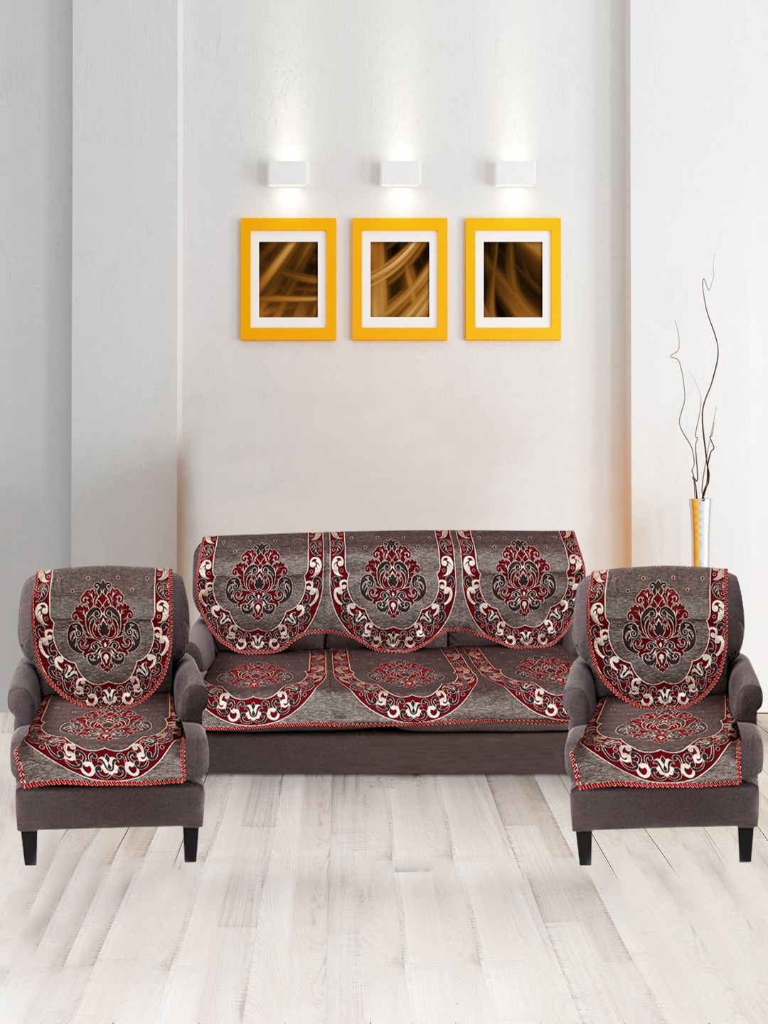 

Nendle Maroon & Grey 6 Pieces Printed Cotton 5-Seater Sofa Covers