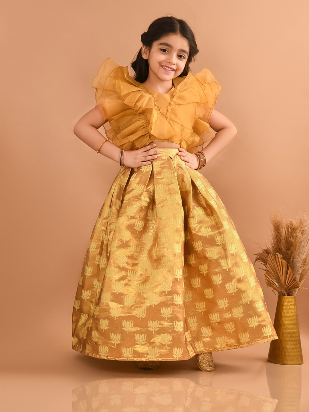 

LilPicks Girls Silk Sleeveless Ruffle Ready To Wear Lehenga & Blouse, Gold