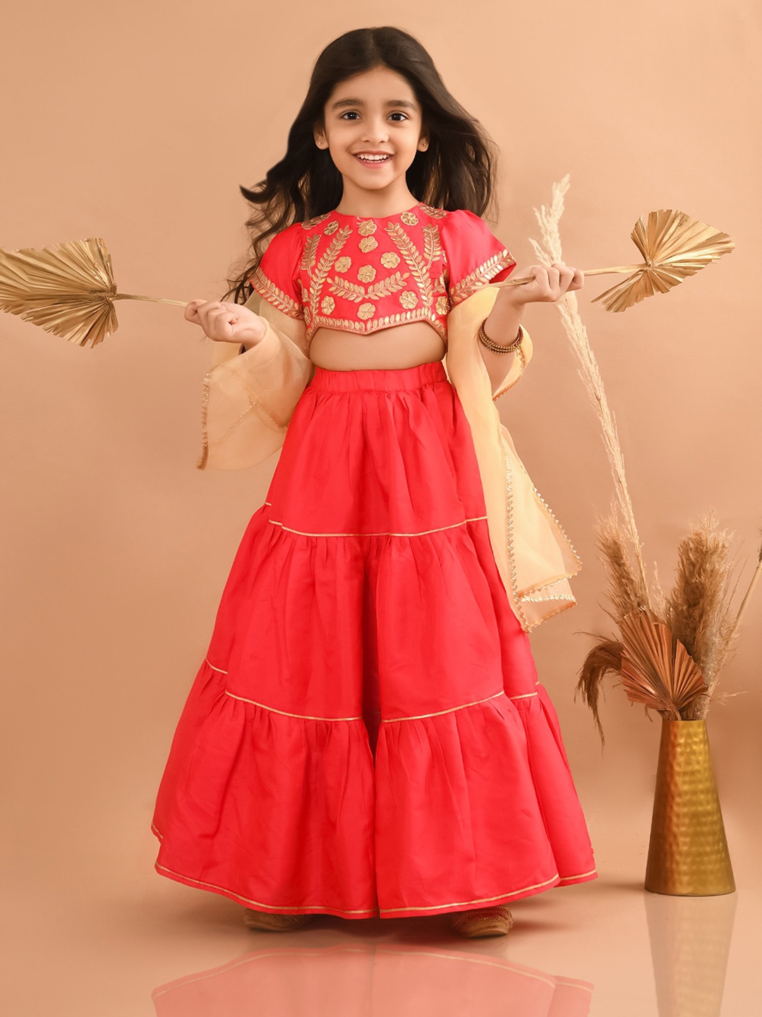 

LilPicks Girls Embellished Cotton Ready To Wear Lehenga & Blouse With Dupatta, Pink
