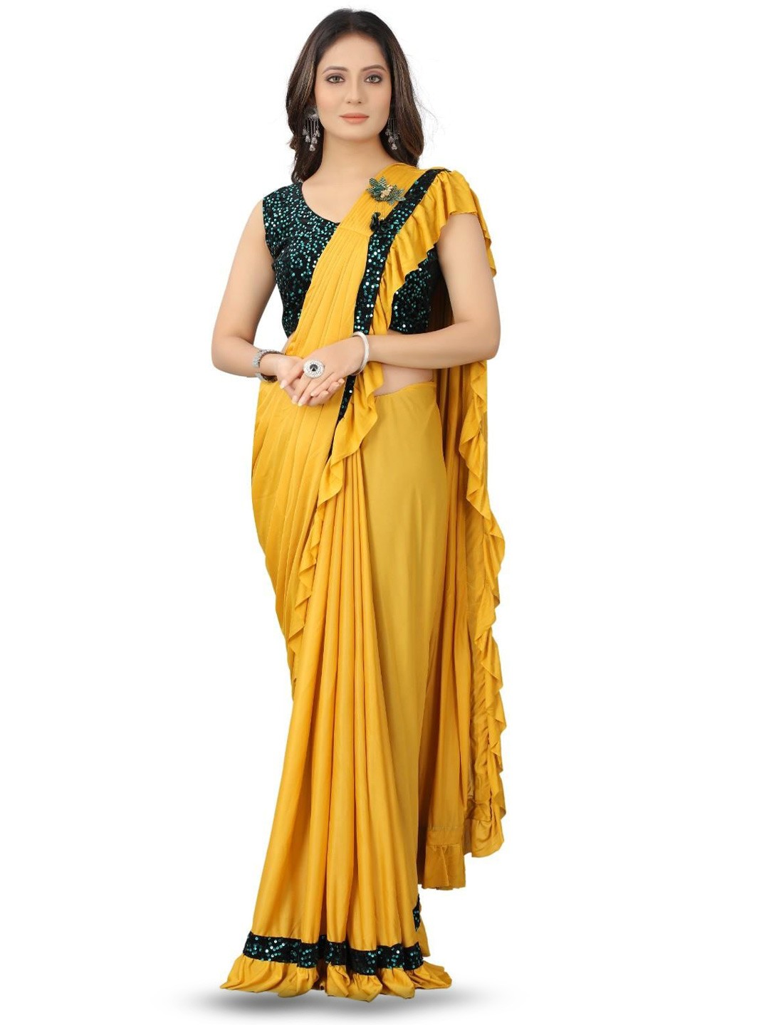 

Market Magic World Yellow & Green Sequinned Ready to Wear Bomkai silk Saree