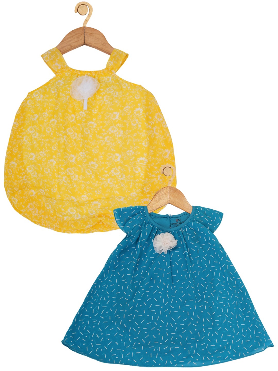 

Creative Kids Infant Girls Pack Of 2 Geometric Printed A-Line Dress With Attached Bodysuit, Blue