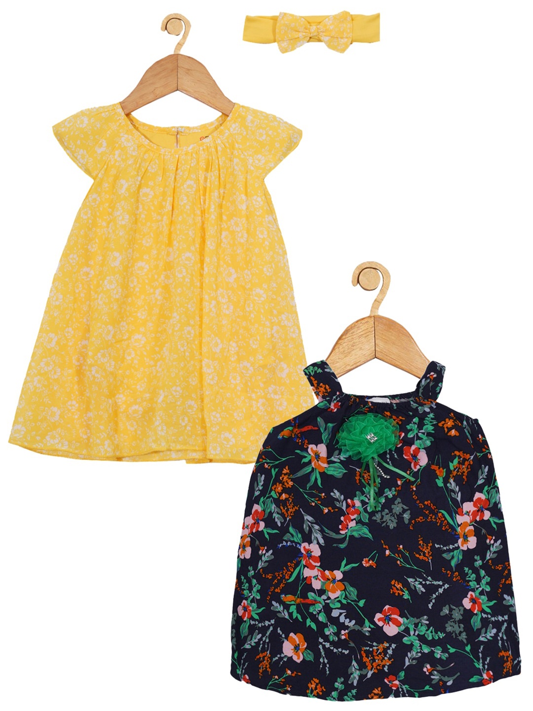 

Creative Kids Infant Girls Pack Of 2 Floral Printed A-Line Dress With Attached Bodysuit, Yellow