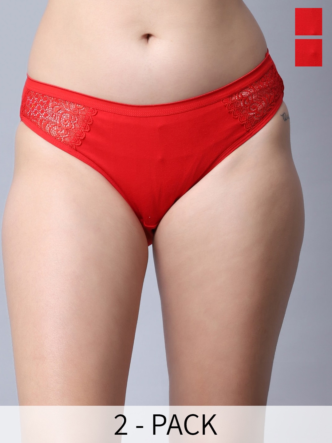 

GRACIT Pack Of 2 Self Design Laced Mid-Rise Net Cotton Basic Briefs, Red