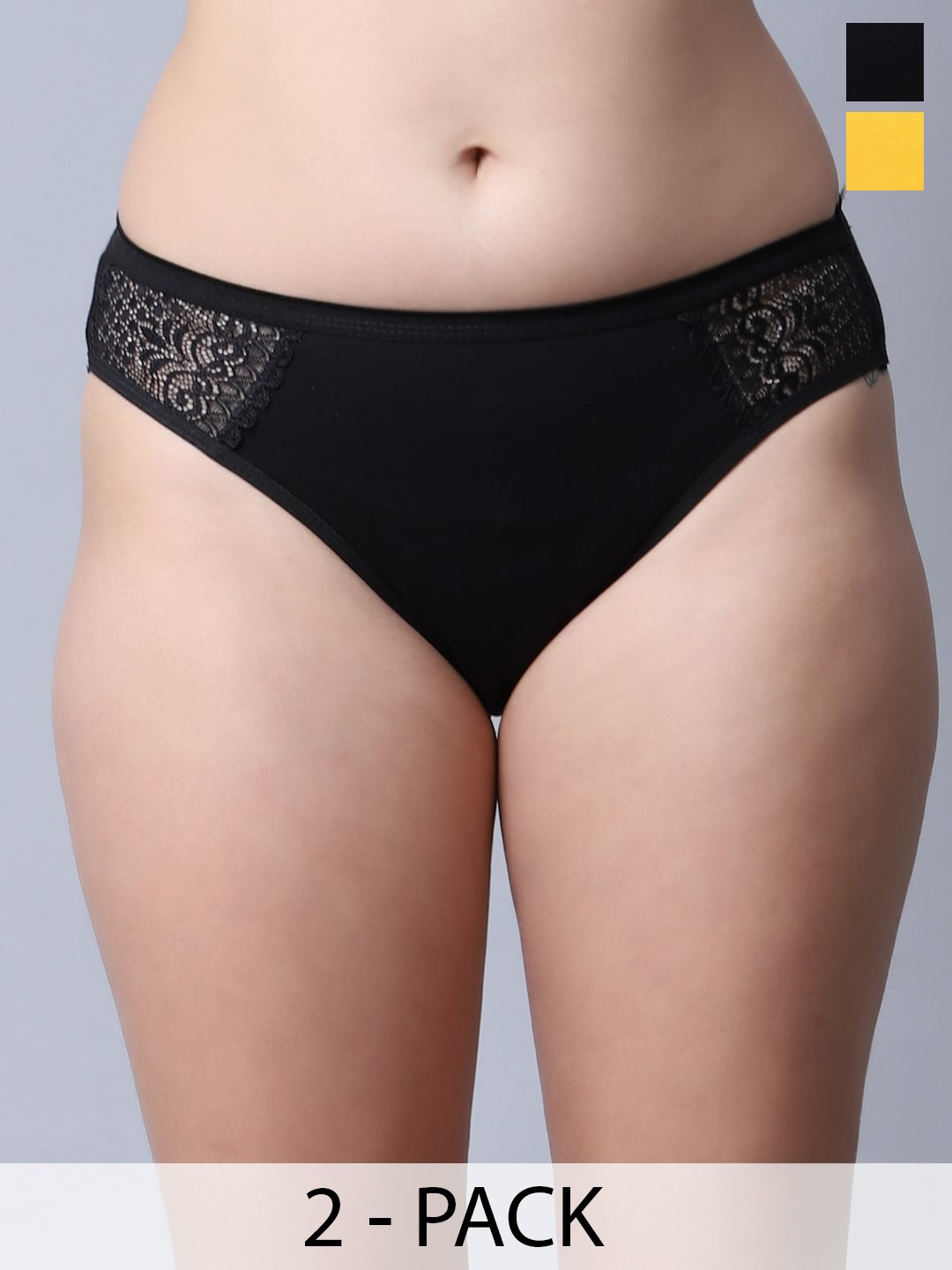 

GRACIT Pack Of 2 Self Design Laced Mid-Rise Net Cotton Basic Briefs, Black
