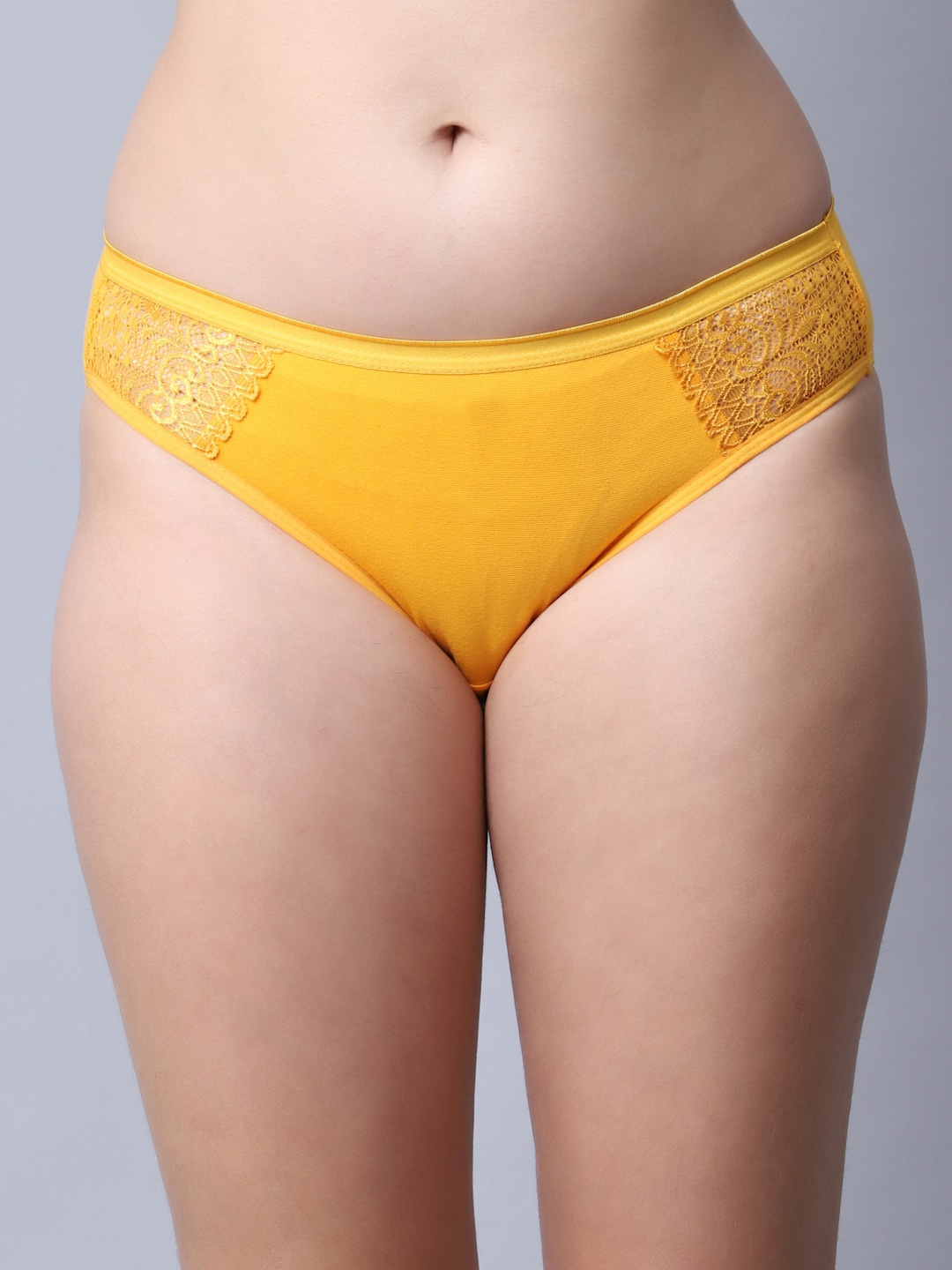 

GRACIT Self Design Laced Mid-Rise Net Cotton Basic Briefs, Yellow