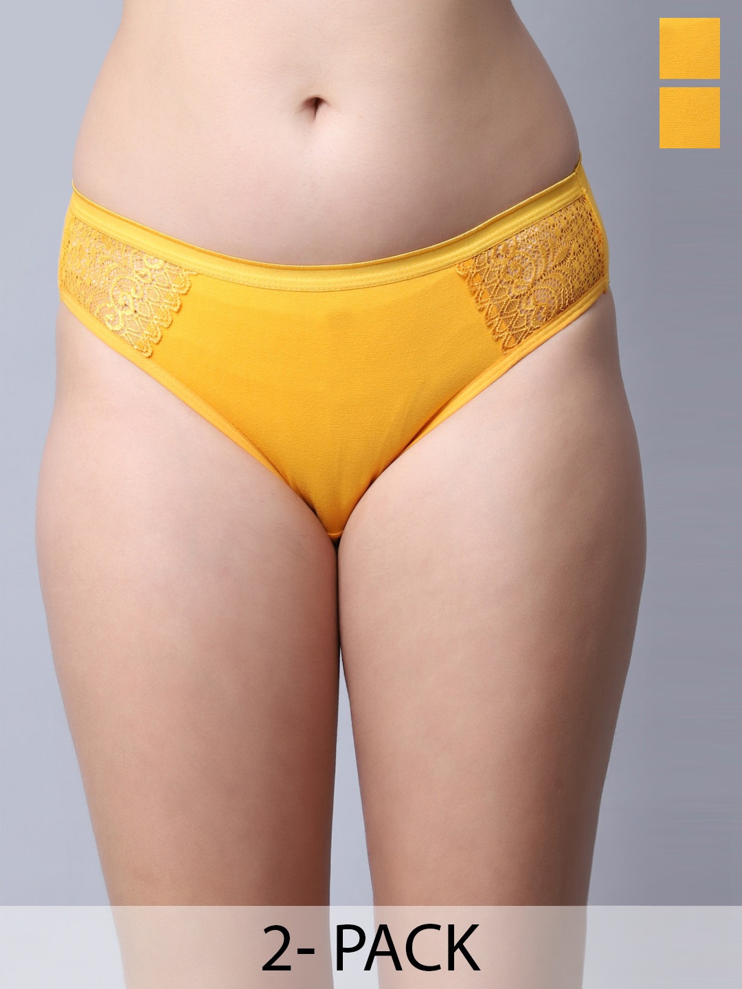 

GRACIT Pack Of 2 Self Design Laced Mid-Rise Net Cotton Basic Briefs, Yellow