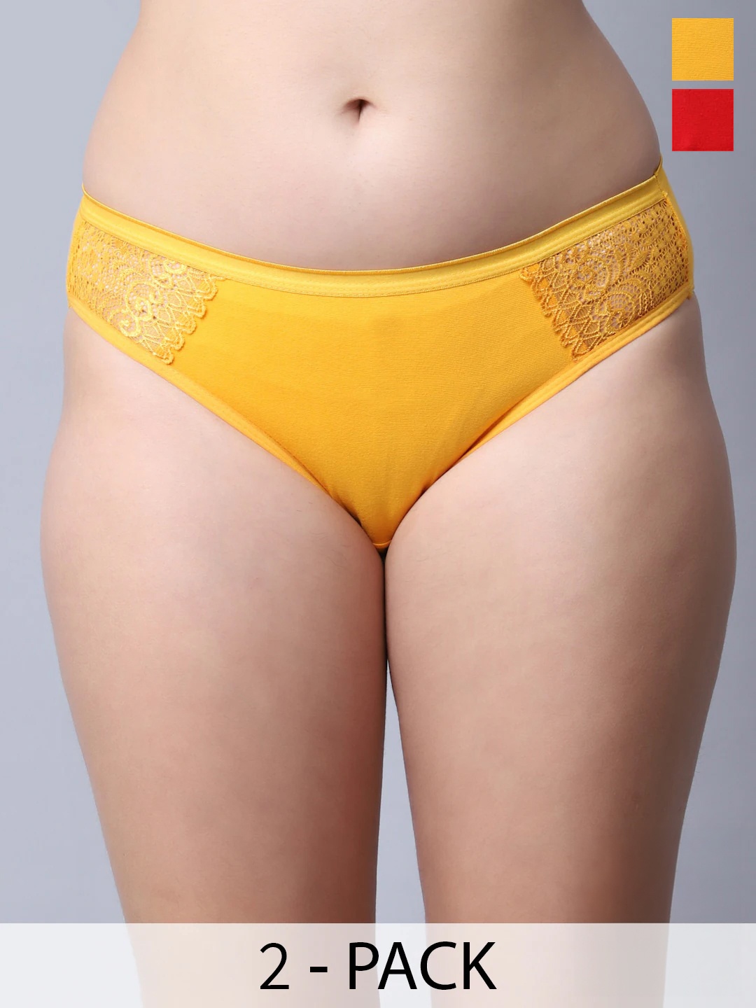 

GRACIT Pack Of 2 Self Design Laced Mid-Rise Net Cotton Basic Briefs, Red