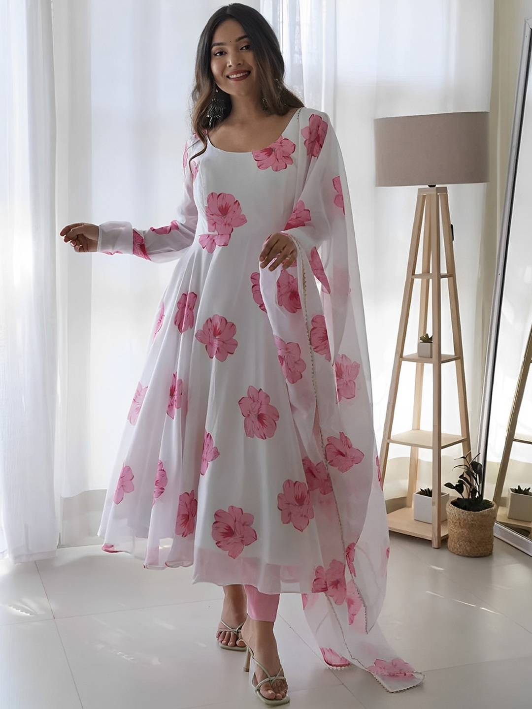 

KALINI Floral Printed Round Neck Gotta Patti Kurta with Trousers & Dupatta, White