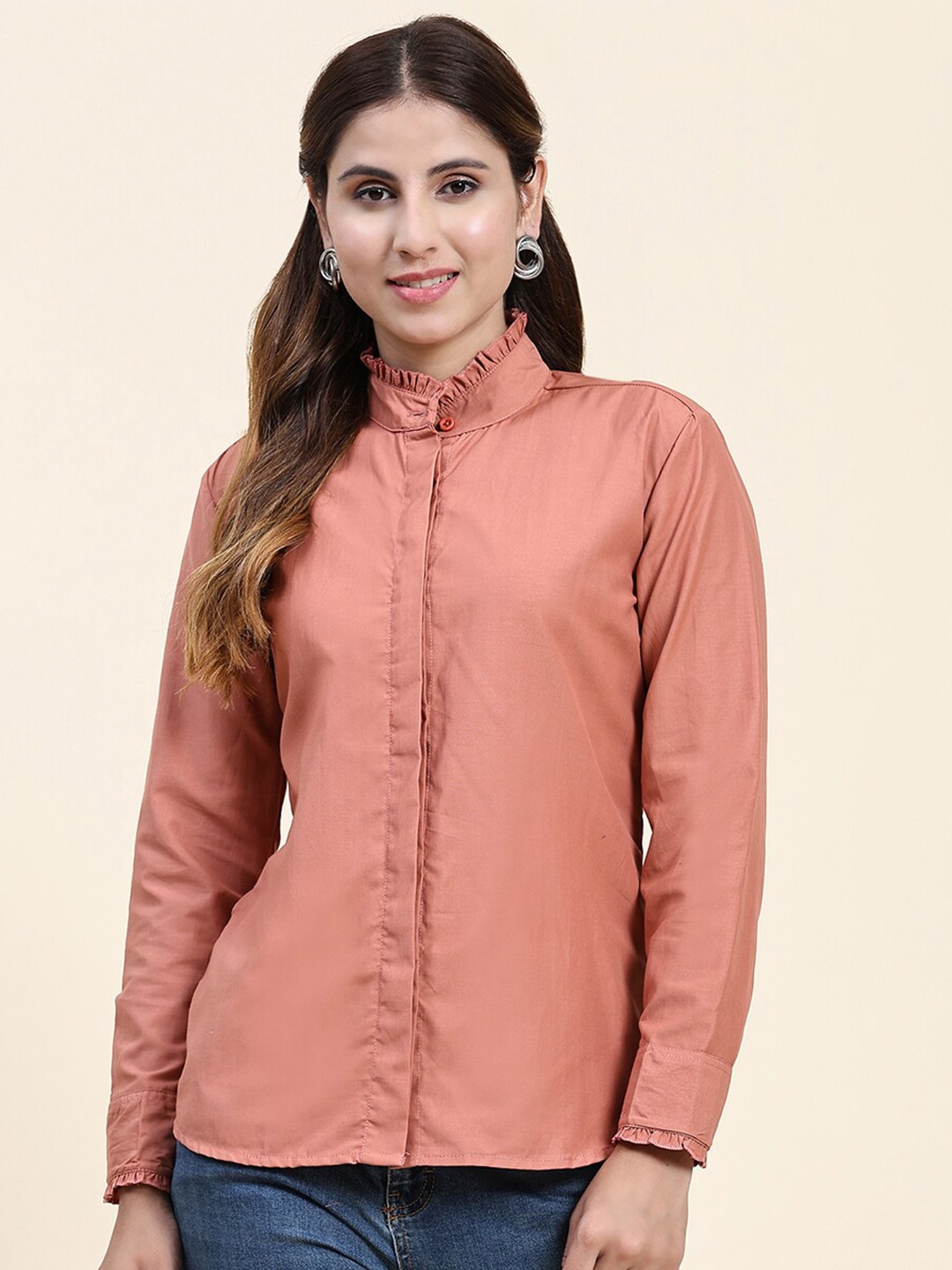 

KALINI Mandarin Collar Cotton Casual Shirt, Peach
