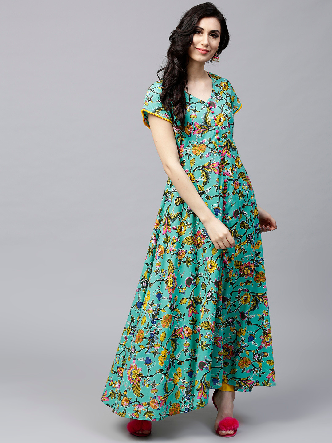 

AKS Women Green & Yellow Floral Print Anarkali Kurta