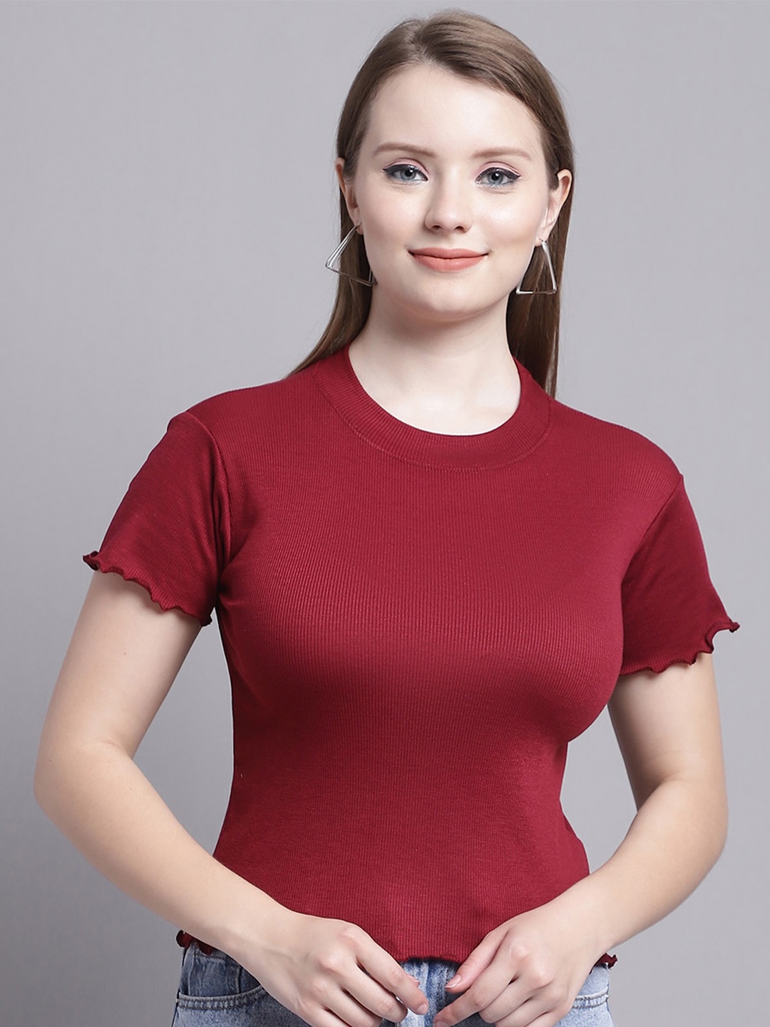 

GRACIT Round Neck Fitted Crop Top, Maroon