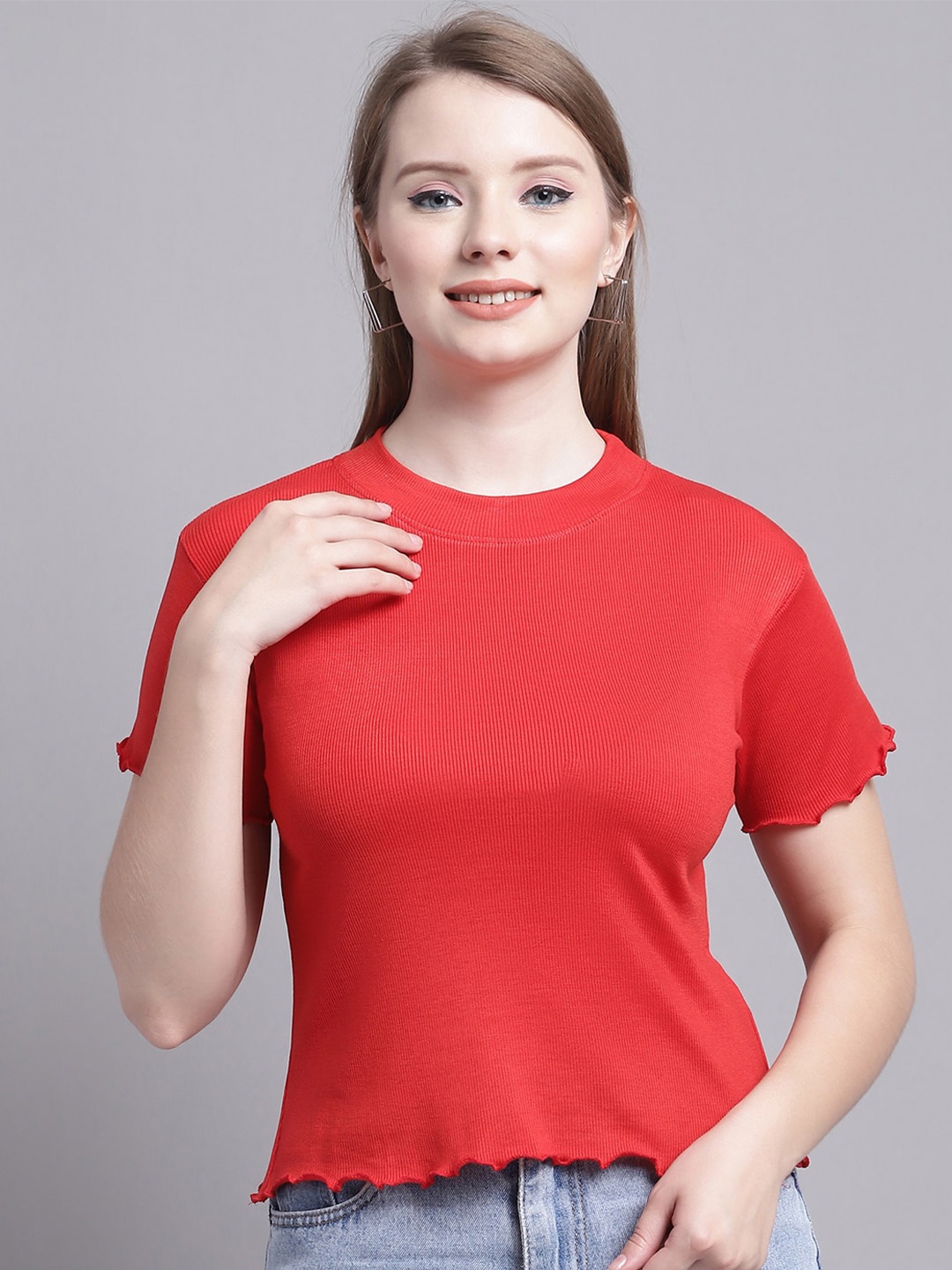 

GRACIT Round Neck Fitted Crop Top, Red
