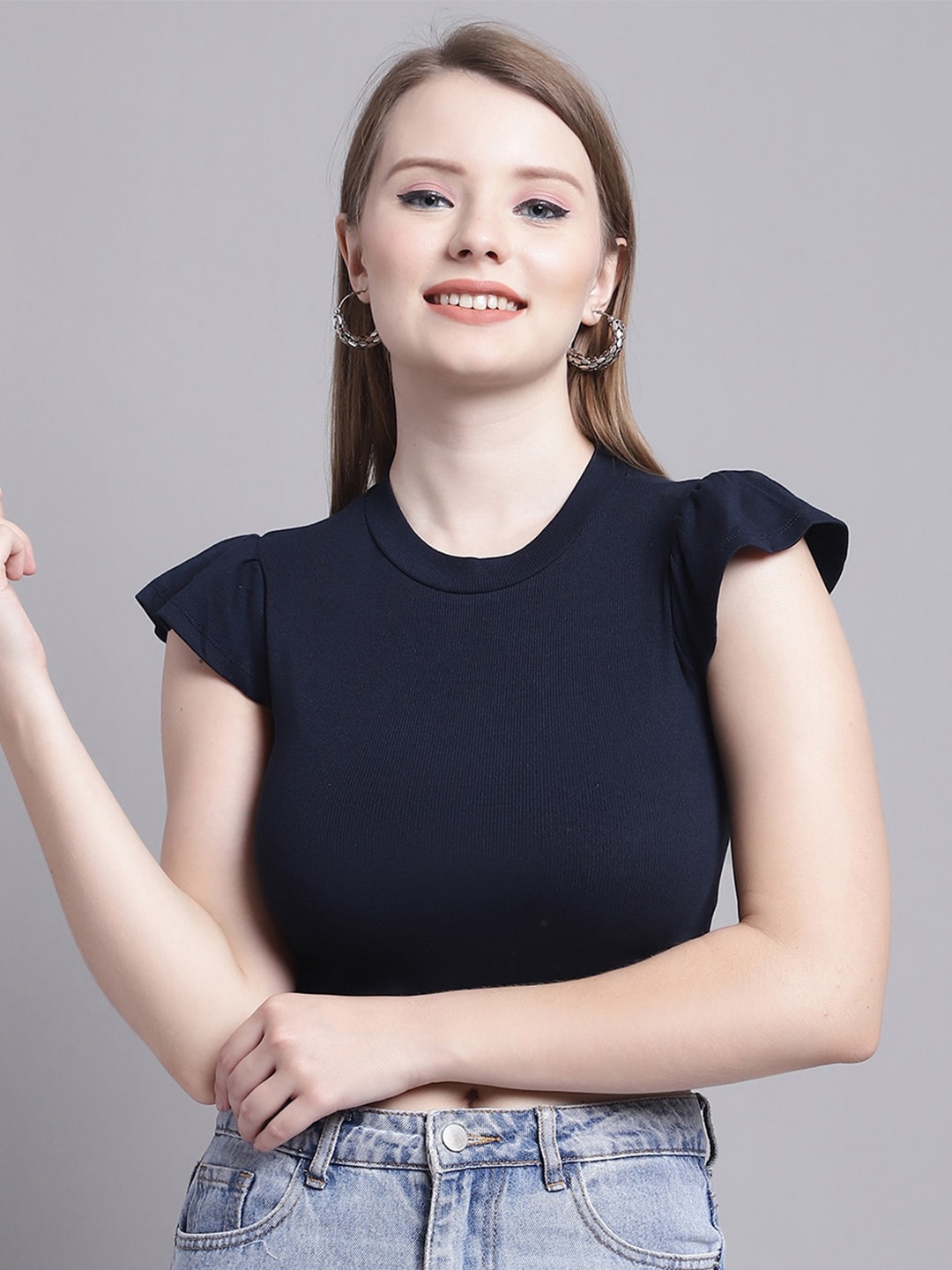 

GRACIT Flutter Sleeve Knitted Crop Top, Navy blue