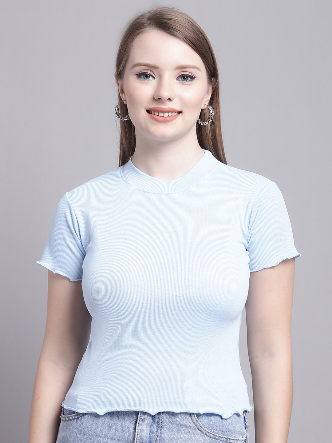 

GRACIT Round Neck Fitted Crop Top, Blue