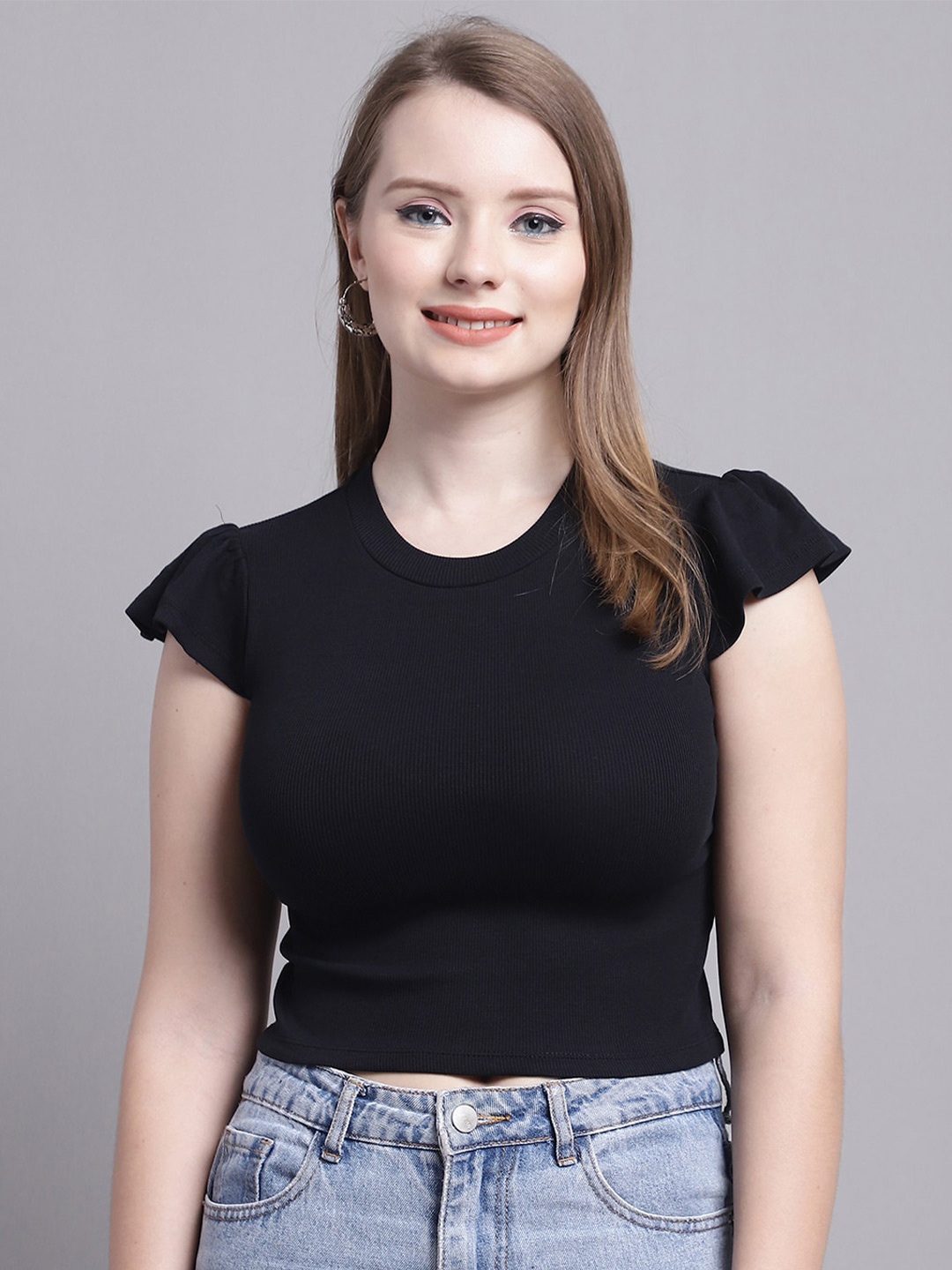 

GRACIT Flutter Sleeve Fitted Crop Top, Black