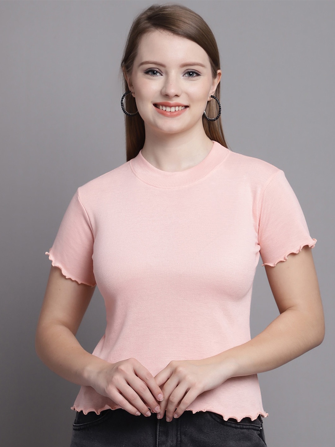 

GRACIT Round Neck Fitted Crop Top, Peach
